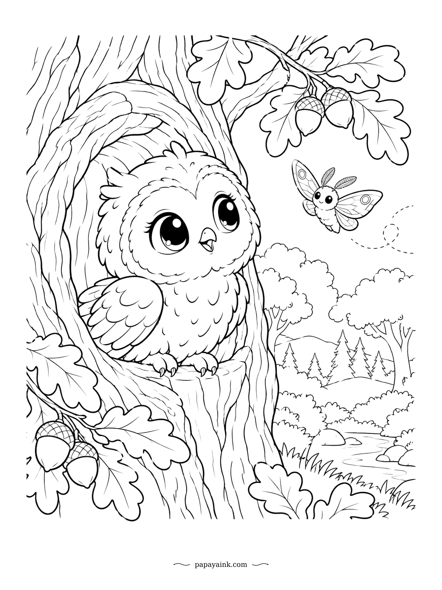 Cute Kawaii Coloring Pages - From its hollow in the old oak, the fluffy owlet watches a moth flutter past on a dotted flight path. Acorns hang from the branches. Detailed - bark texture, foliage and a forest view.