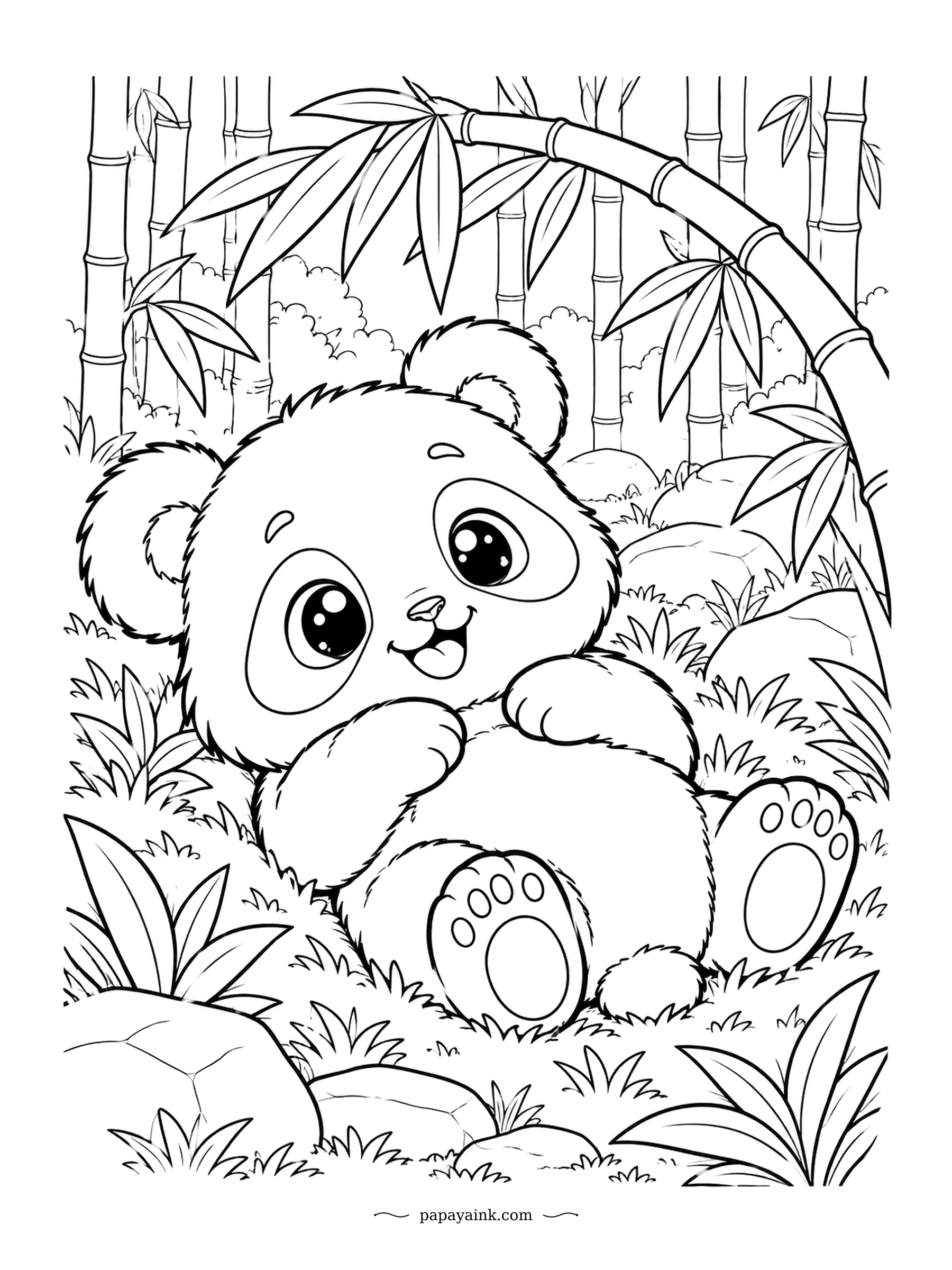 Cute Kawaii Coloring Pages - Flat on its back in the bamboo grove, the panda cub giggles with its paws in the air. Tall stalks frame the clearing. Black and white is all it needs, plus fresh greens.