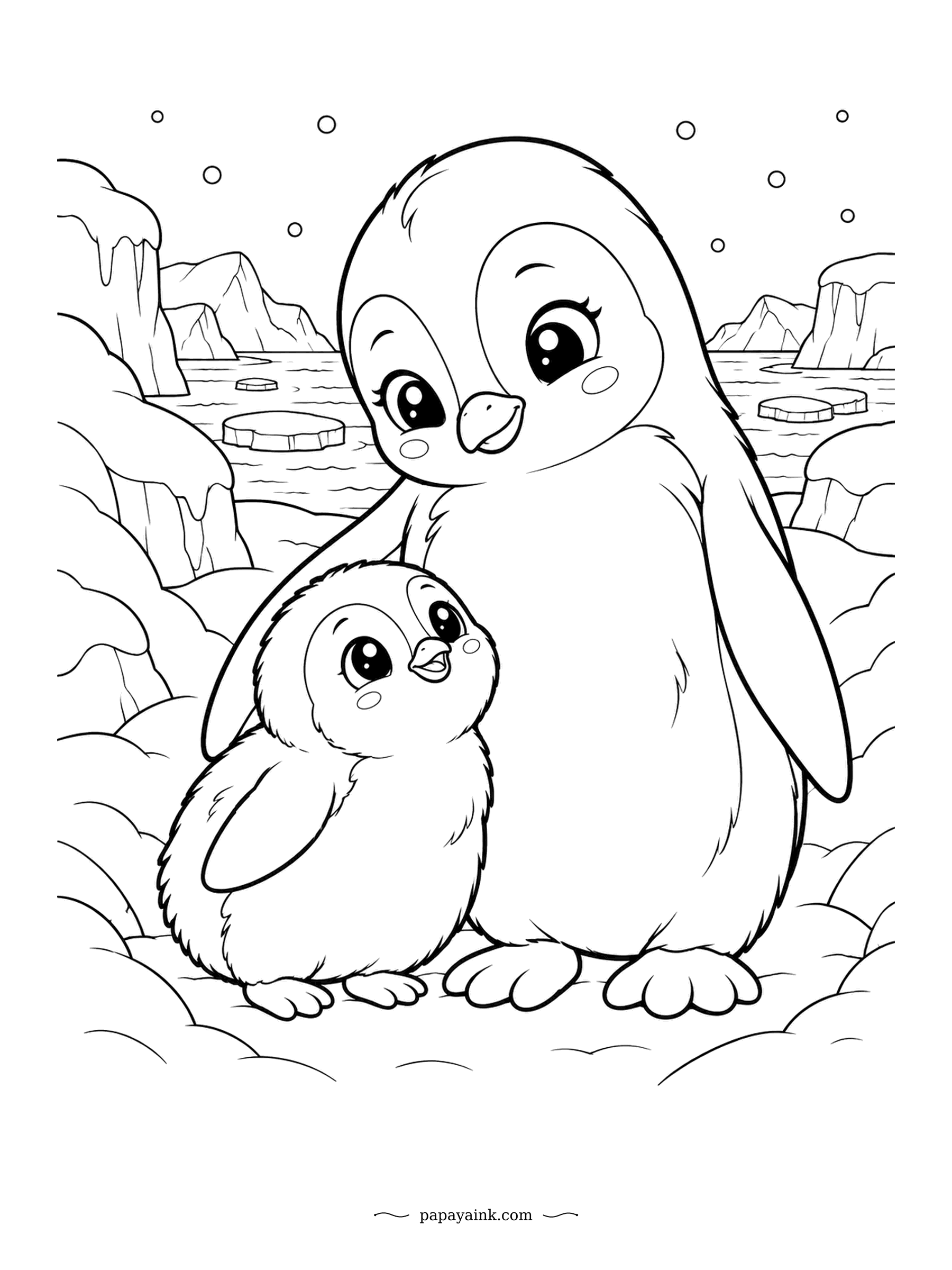 Cute Kawaii Coloring Pages - In a snowy cove, a parent penguin tucks its fluffy chick under one flipper. Ice floes drift offshore and snowflakes fall. Cool blues and greys with soft rosy cheeks.