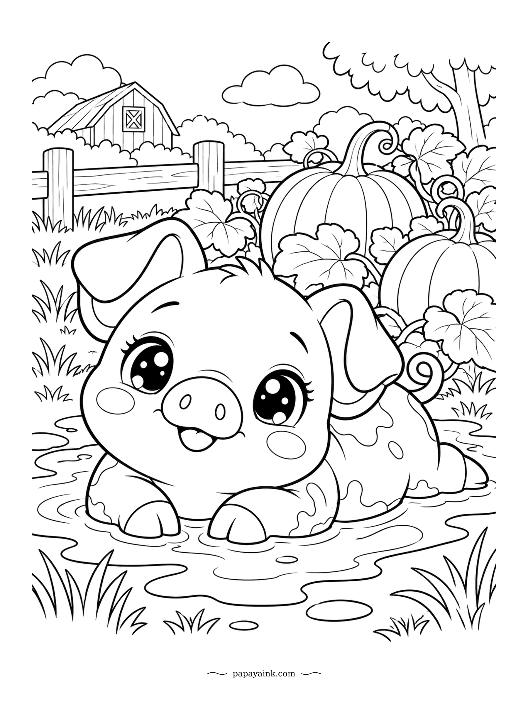 Cute Kawaii Coloring Pages - Mud keeps pigs cool and protects tender skin from the sun, and this piglet is enjoying every bit of it. Pumpkins grow by the fence and a barn stands behind. Pink for the piglet, brown for the mud.