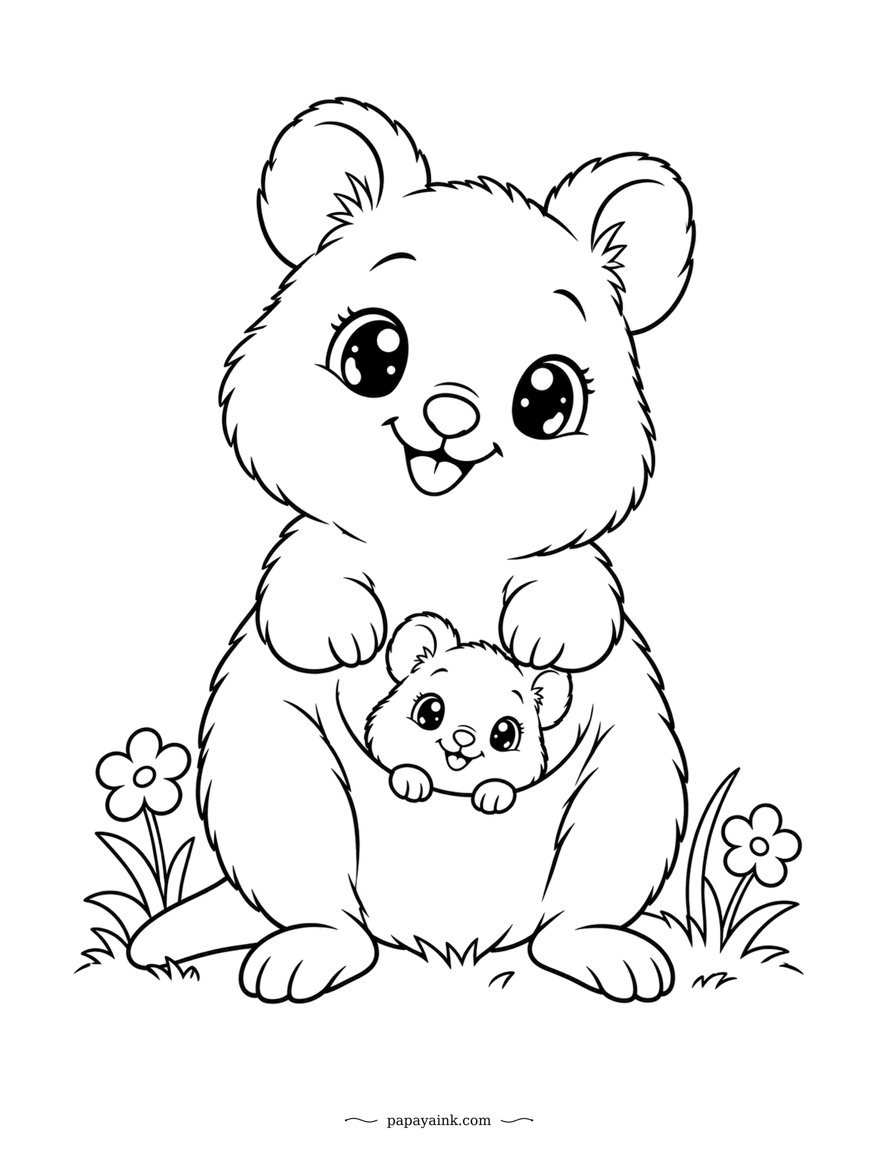 Cute Kawaii Coloring Pages - Often called the happiest animal on Earth for its natural smile, the quokka shows off a joey peeking from its pouch. Two flowers and a patch of grass complete the scene. Bold outlines, great for markers.