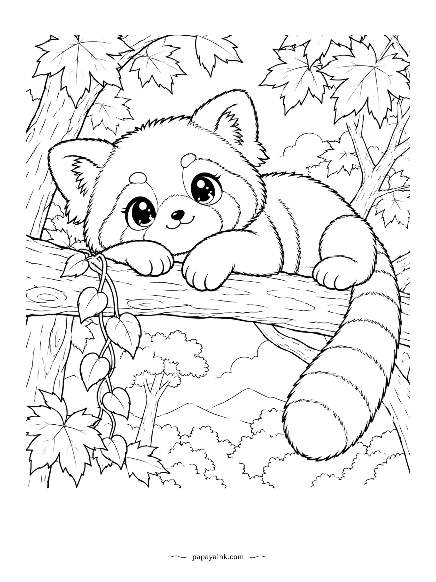 Cute Kawaii Coloring Pages - Draped over a high branch, the red panda lets its striped tail hang down as it watches the forest below. Maple leaves and a vine frame the view. Russet red and cream with darker rings toward the tip.