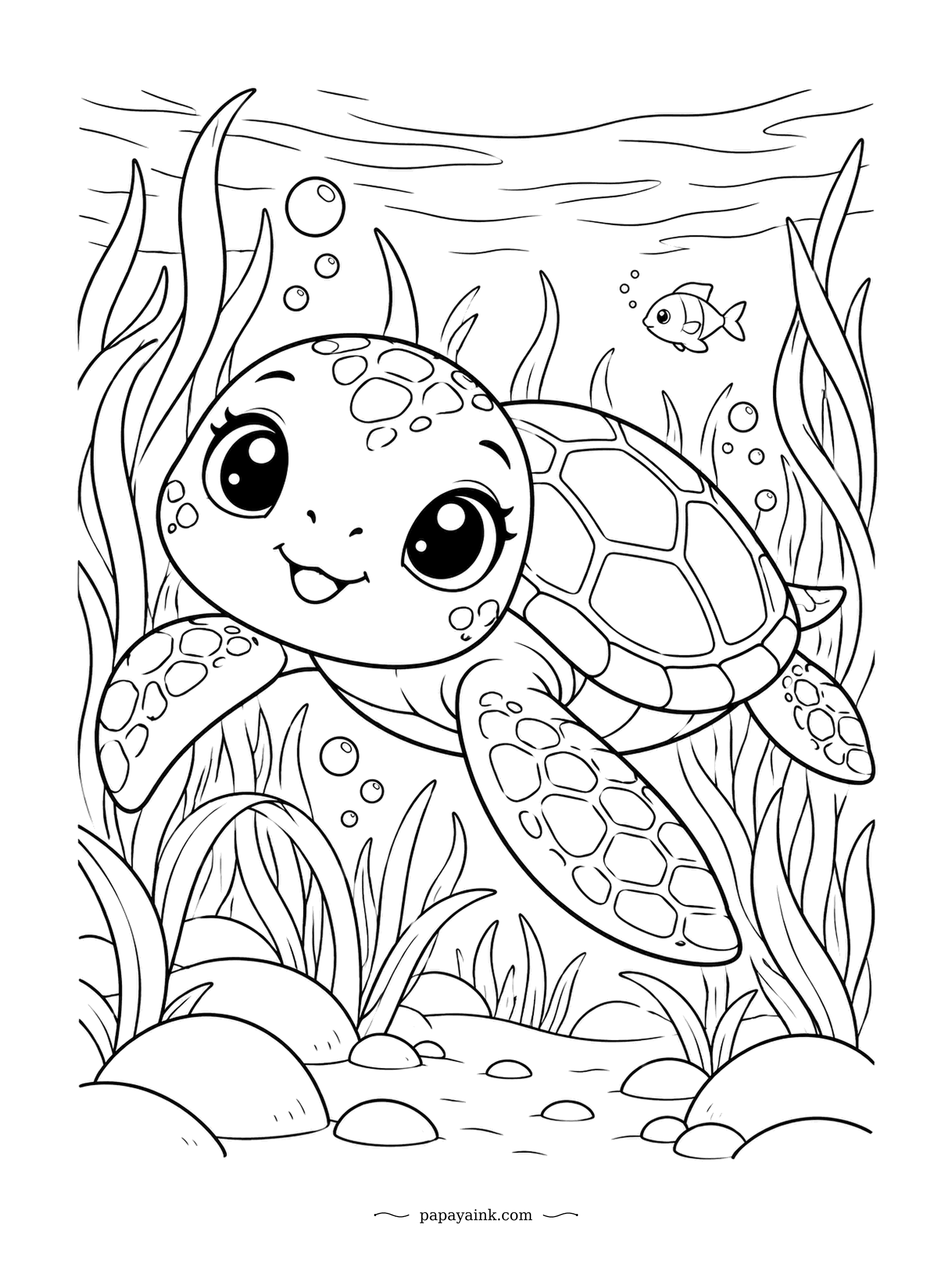 Cute Kawaii Coloring Pages - Gliding through tall eelgrass, the young sea turtle smiles as a little fish swims past. Every shell plate is its own shape to fill. Ocean blues and sandy browns.