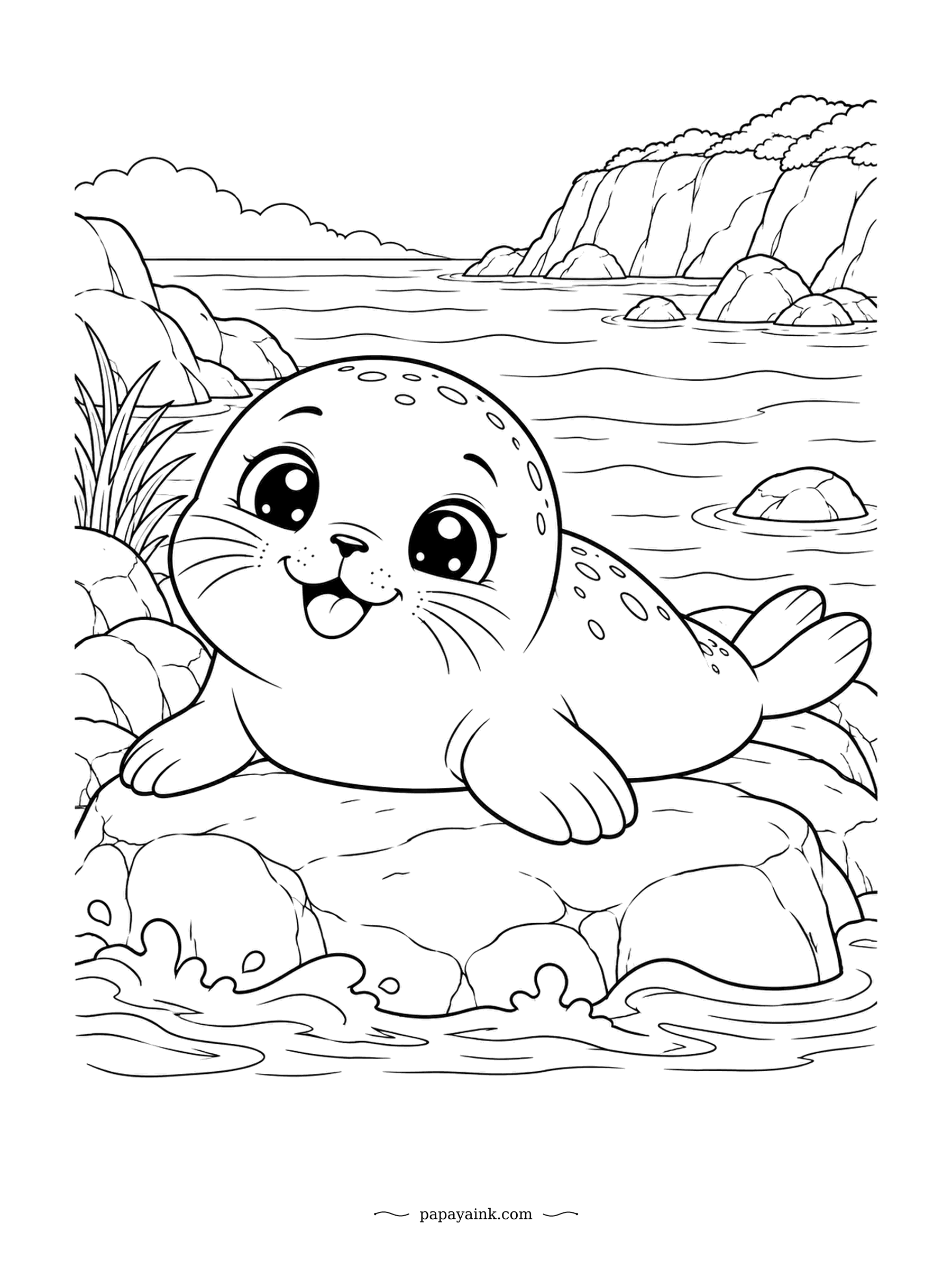 Cute Kawaii Coloring Pages - Belly down on a flat rock, the spotted seal pup grins at the waves rolling into the cove. Cliffs rise across the bay. Pale grey with darker spots and sea blue all around.