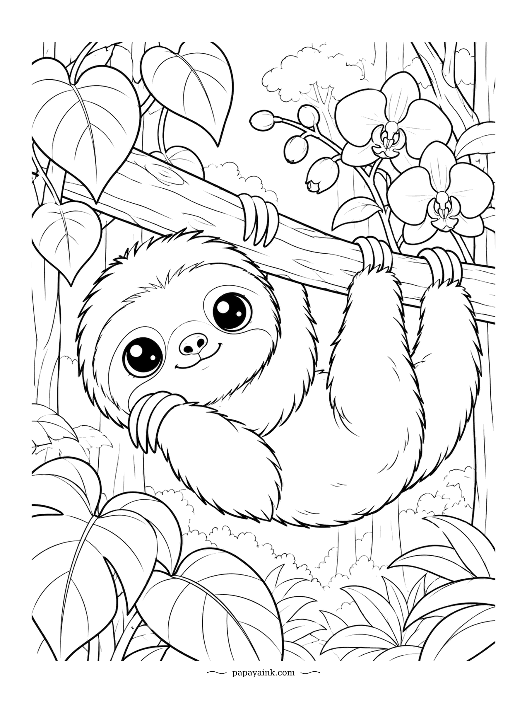 Cute Kawaii Coloring Pages - Long claws hooked over a branch, the sloth smiles among heart-shaped leaves and orchids. Sloths move so slowly that algae can grow on their fur. Detailed - jungle foliage and blooms.