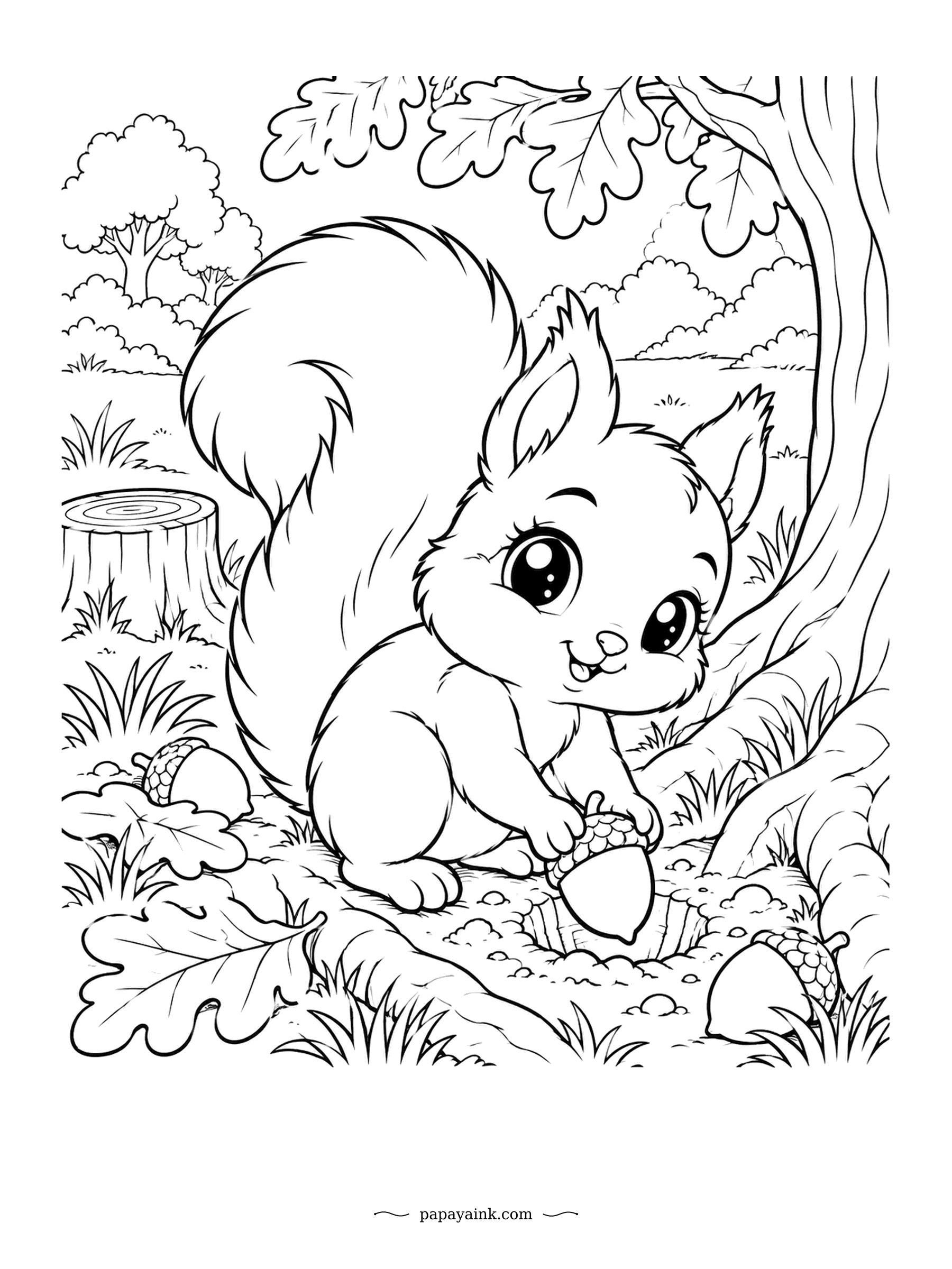 Cute Kawaii Coloring Pages - Acorn in paw, the squirrel is busy burying a winter snack by the oak tree. Squirrels forget many of their caches, and some sprout into new oaks. Detailed - stump, roots and that enormous plume.