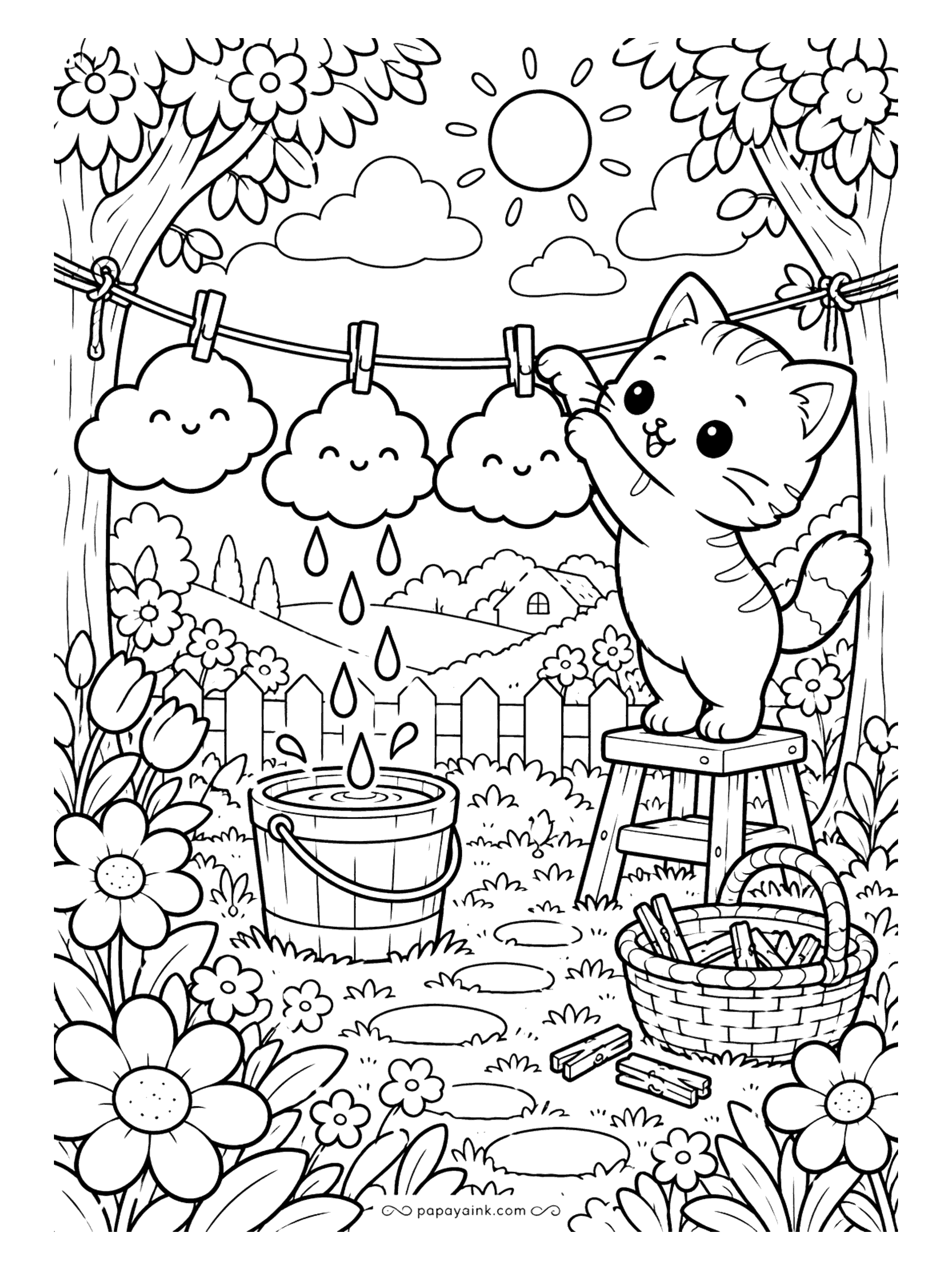 Cute Kawaii Coloring Pages - Clothespins hold a row of happy-faced clouds on the line while a tabby on a stool pegs up one more and droplets fall into a pail.