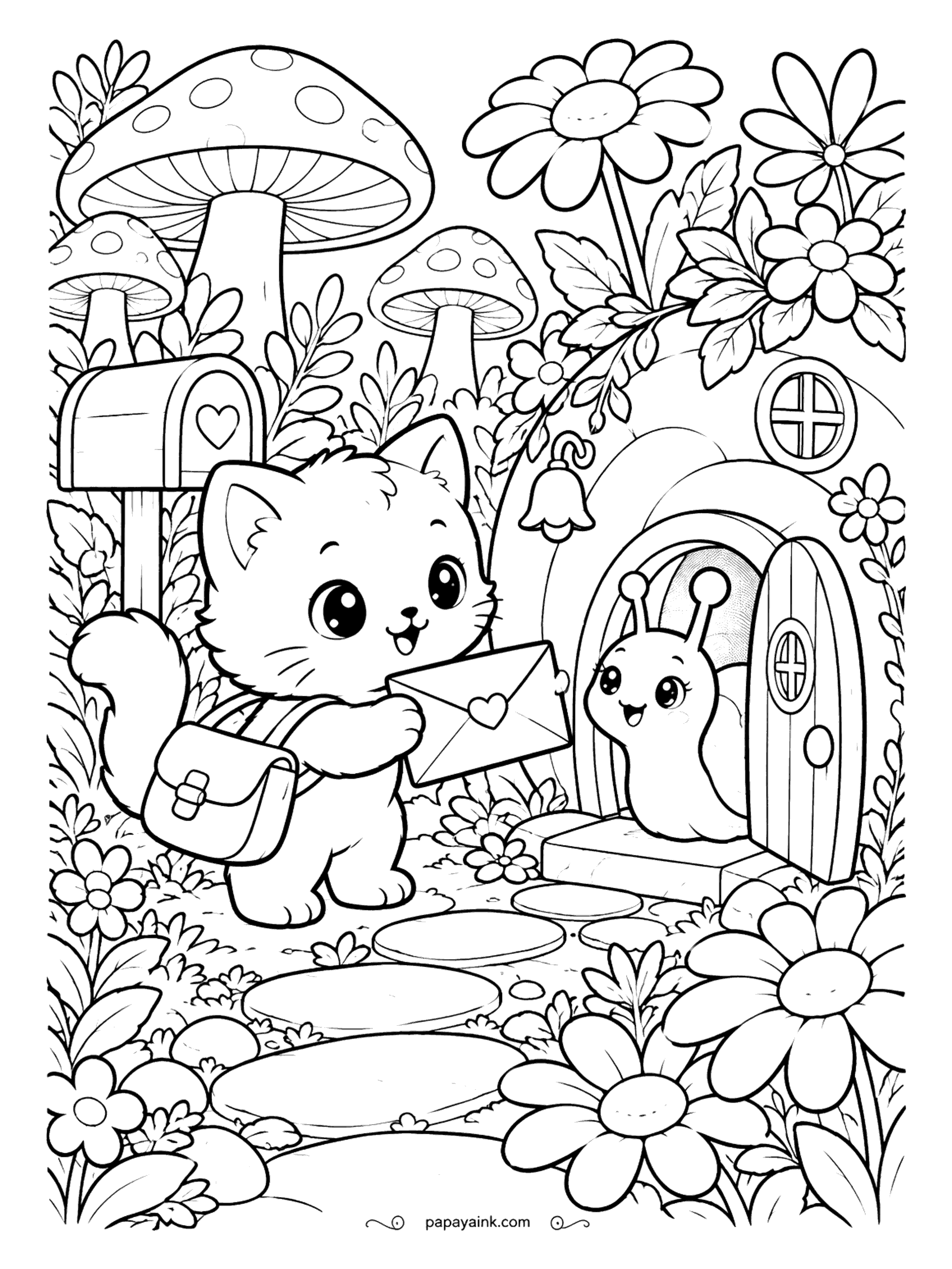 Cute Kawaii Coloring Pages - Delivering a heart-sealed letter, a satchel-wearing kitten reaches the door of a snail's hideaway, where blooms and toadstools crowd the stepping-stone walk.