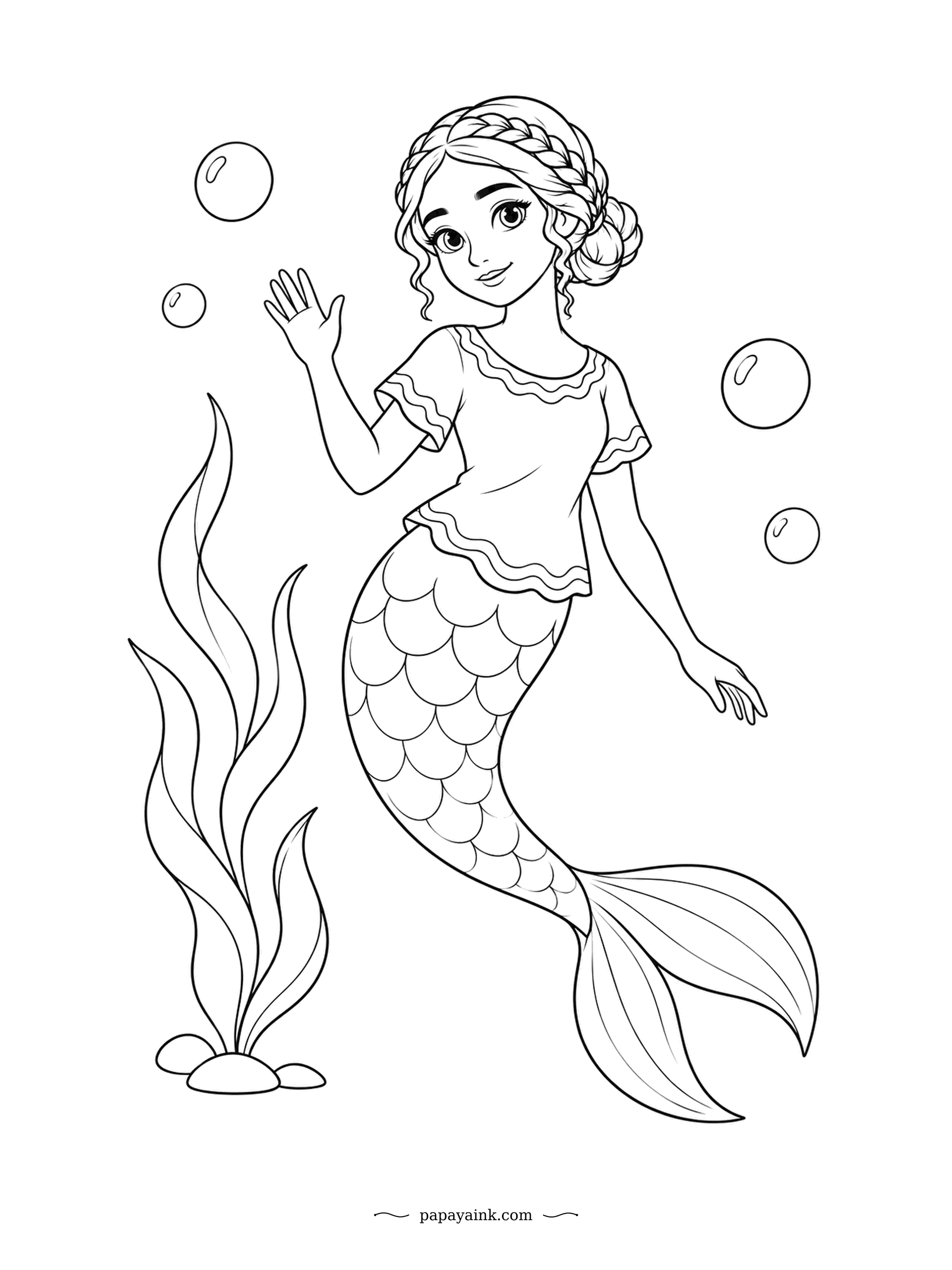 Cute Mermaid Coloring Pages - Hand raised in a wave, a crown of braids and a few bubbles, nothing else. That is the whole sheet, and it is deliberately easy: a good one to start a rainy afternoon with, or to hand to the youngest colorist at the table.