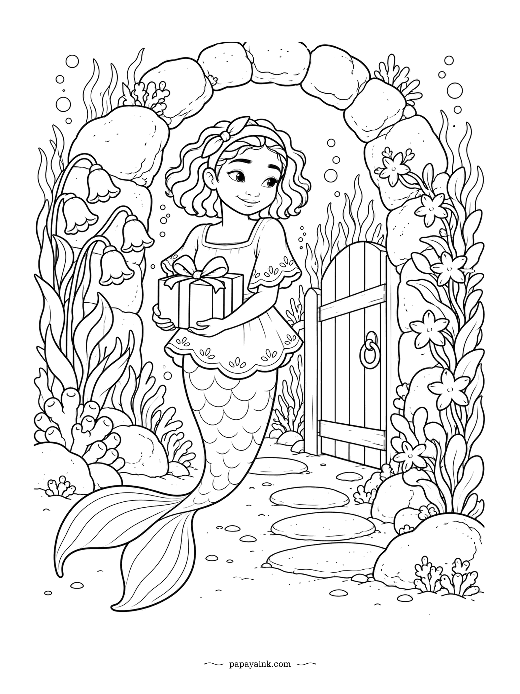 Cute Mermaid Coloring Pages - Somebody behind that wooden gate is about to get a present. She waits under the stone arch with the box held just so, bellflowers nodding on the left. The stepping stones and the flowering vines reward slow, careful work.