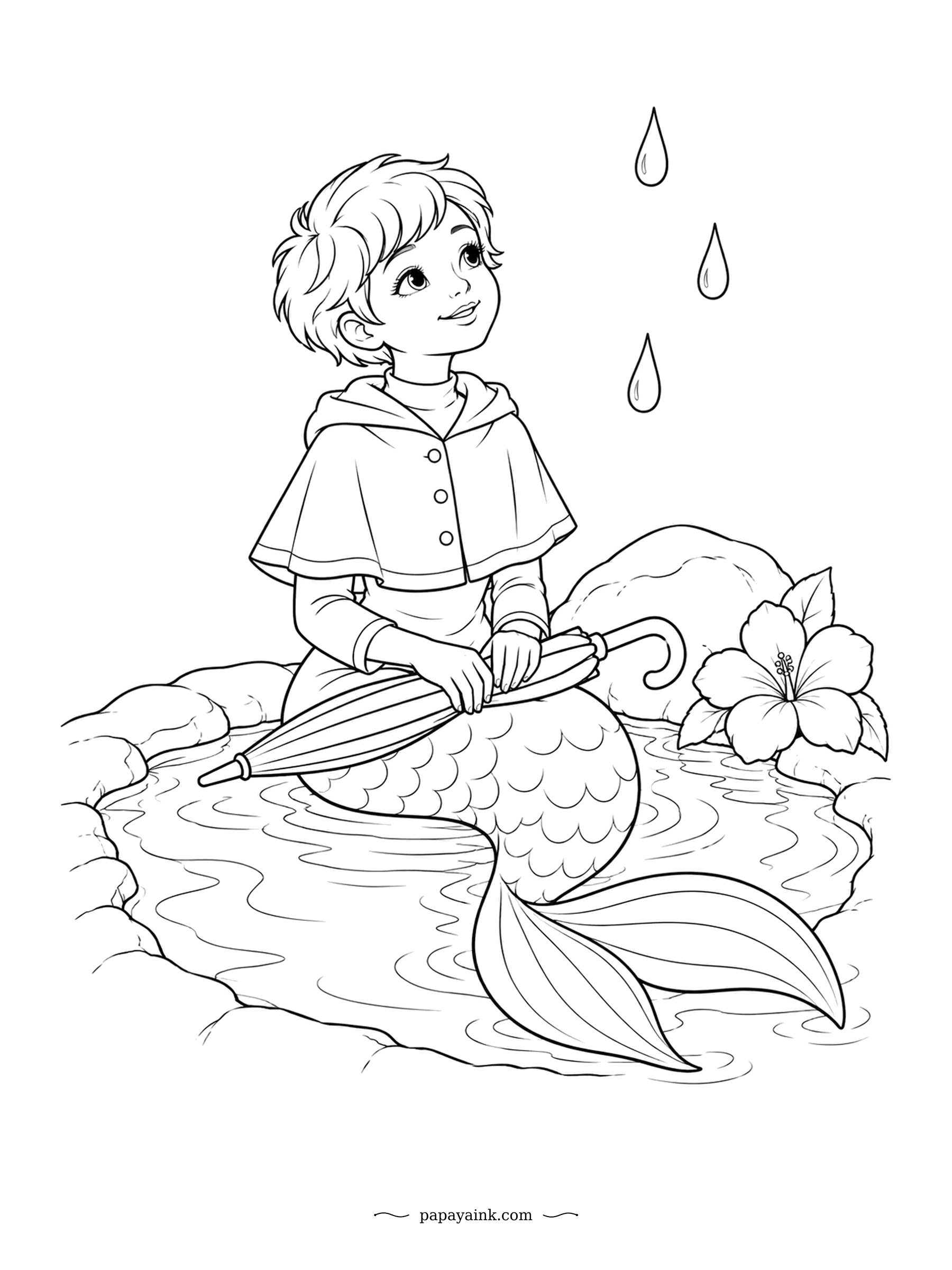 Cute Mermaid Coloring Pages - It is raining, she is sitting in the water, and she has brought an umbrella. The logic is unclear and she does not seem bothered. The hooded cape is the one solid shape here; the hibiscus beside her is the obvious place for something bright.