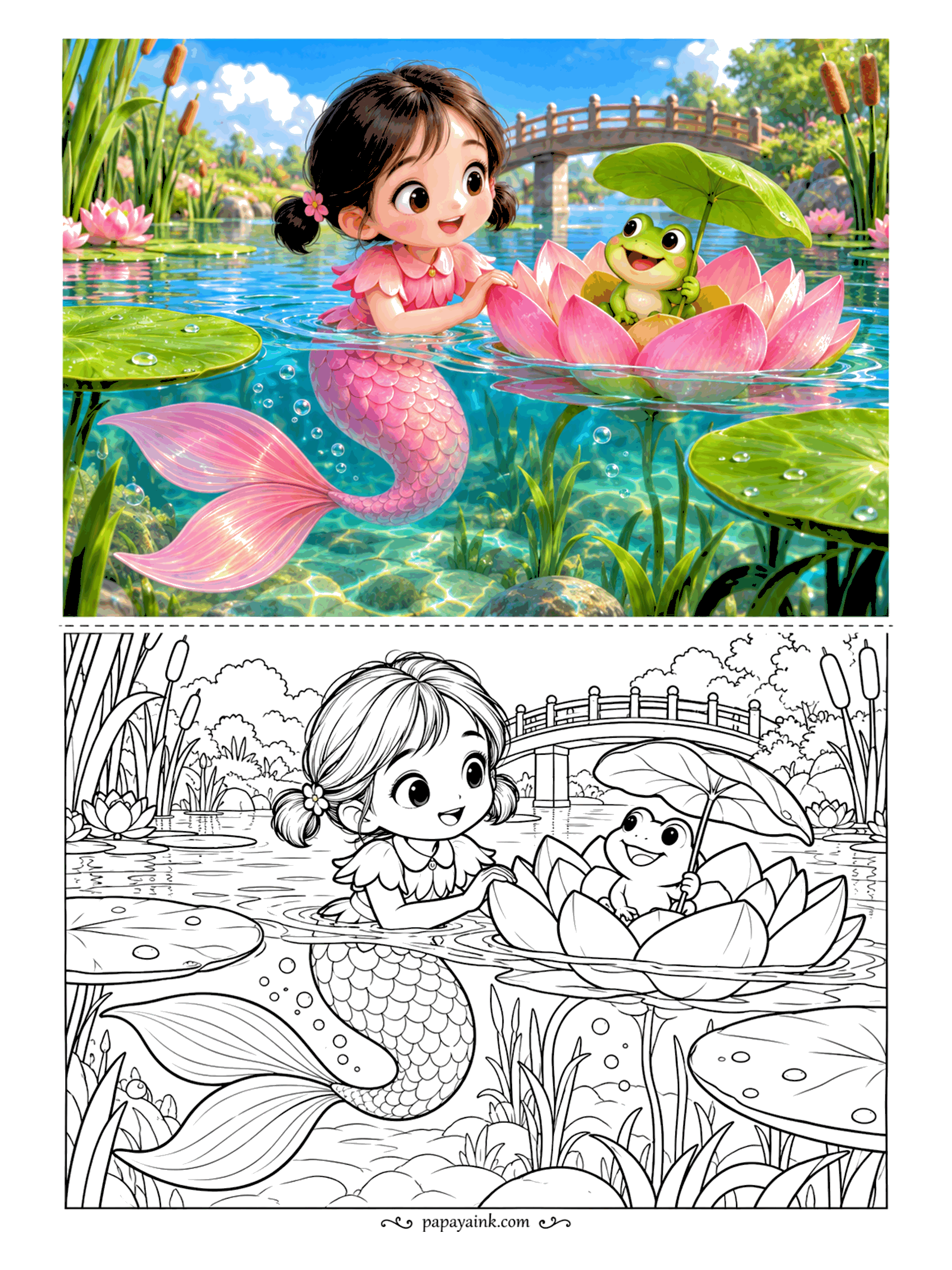Cute Mermaid Coloring Pages - A pink lotus makes a fine boat for a frog, especially with a leaf for an umbrella. All it needs is a gentle push across the pond, and it gets one. Round, simple shapes - easy and quick.