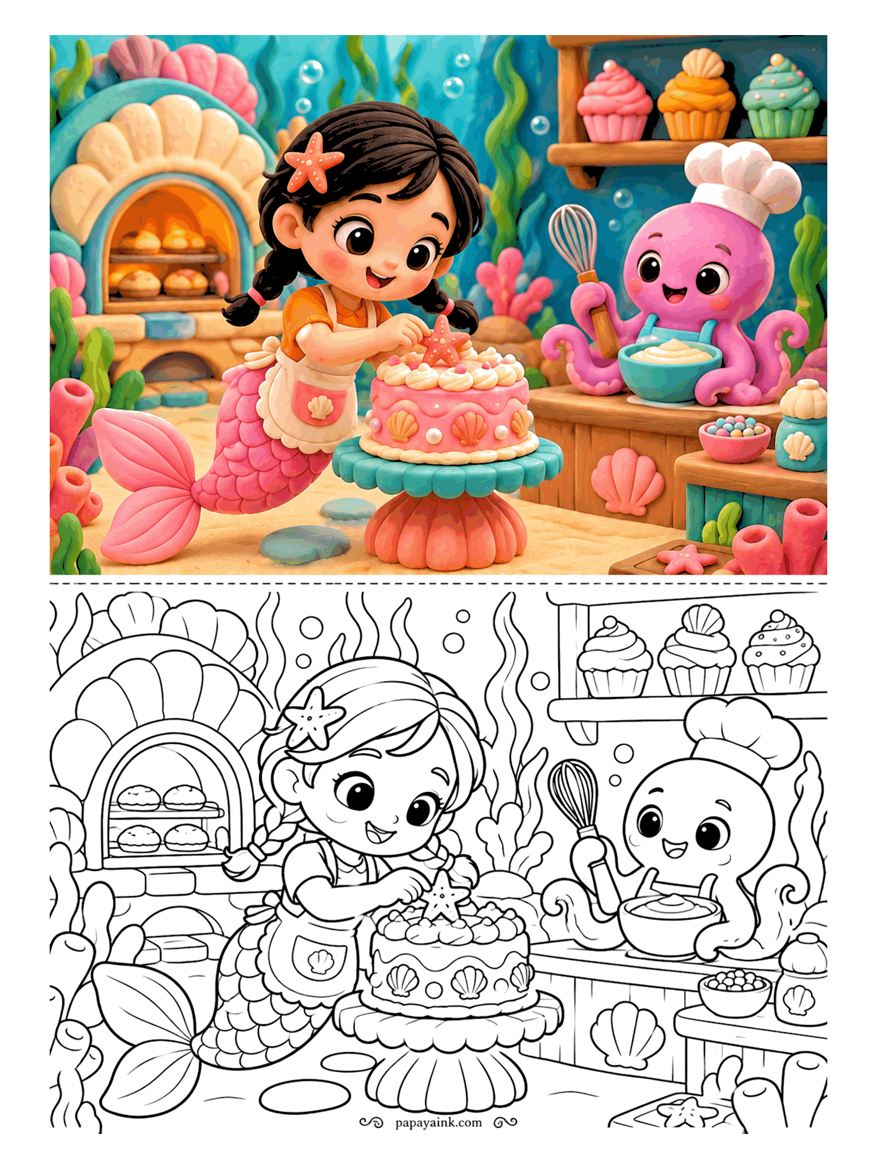 Cute Mermaid Coloring Pages - Last touch on the cake: a starfish, placed exactly in the middle. Behind the counter an octopus in a chef's hat whisks the next bowl of cream, and the shell oven is full of buns. Thick outlines and round shapes - an easy one.