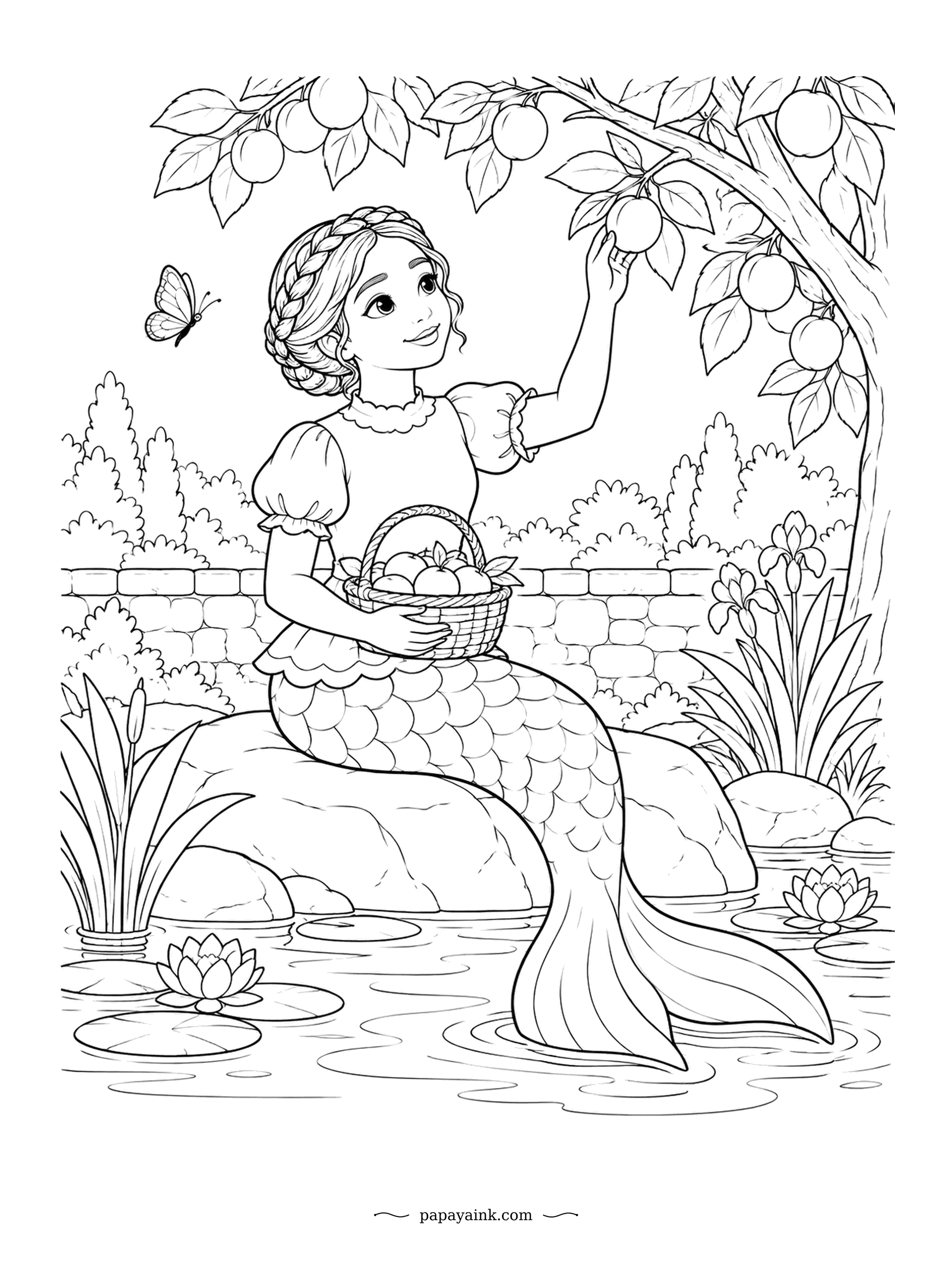 Cute Mermaid Coloring Pages - Apricots straight from the branch, picked from a rock in the lily pond with a basket already half full. The butterfly has the same idea. Orange fruit, white lilies and the stone wall behind give this one a sunny, old-garden feel.