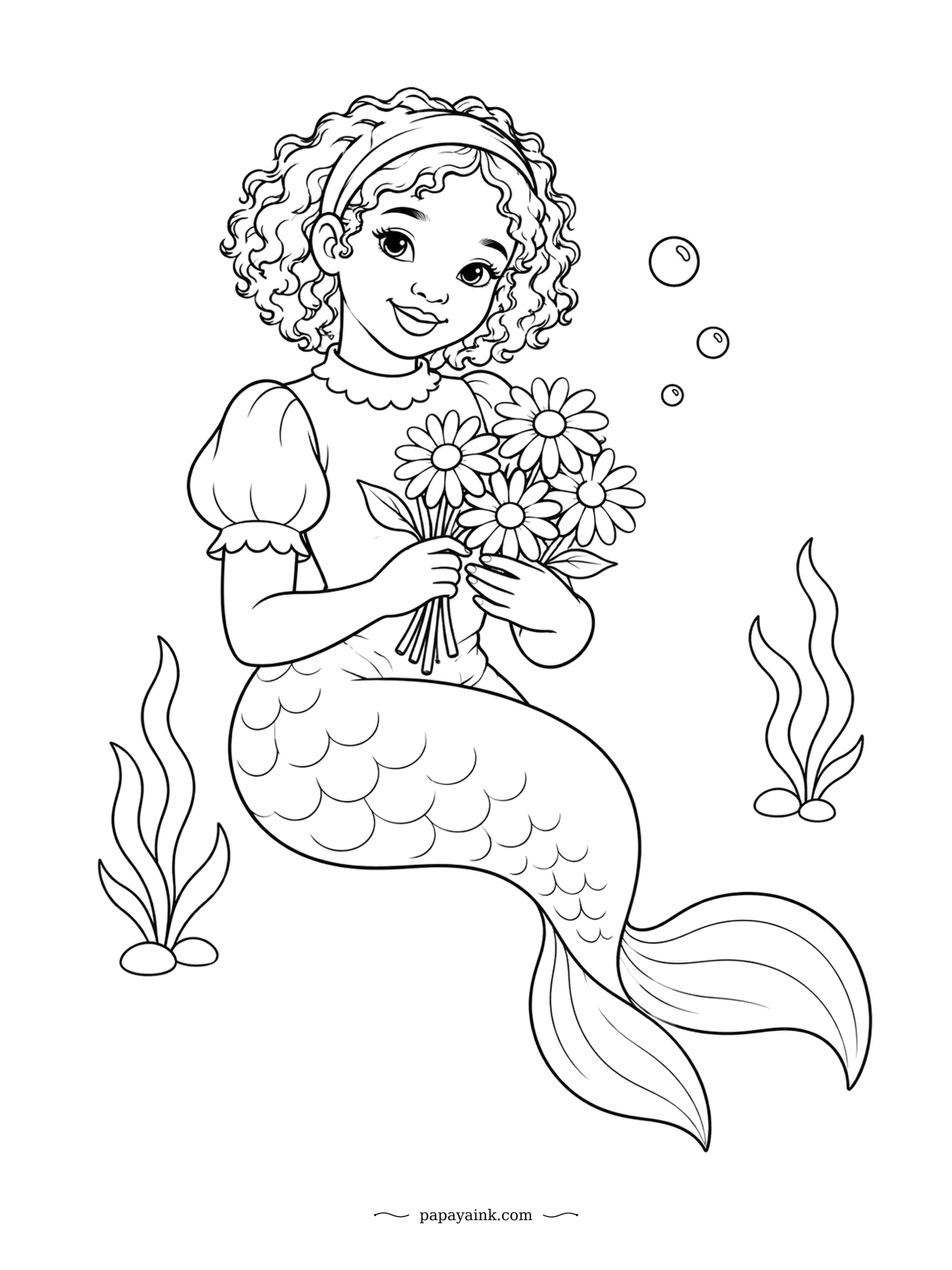 Cute Mermaid Coloring Pages - Just her, a bunch of daisies and a thought she is not sharing. Daisy means day's eye, because the flower opens at sunrise and closes at dusk. Wide simple shapes - keep the petals white and spend your effort on the hair and the blouse.