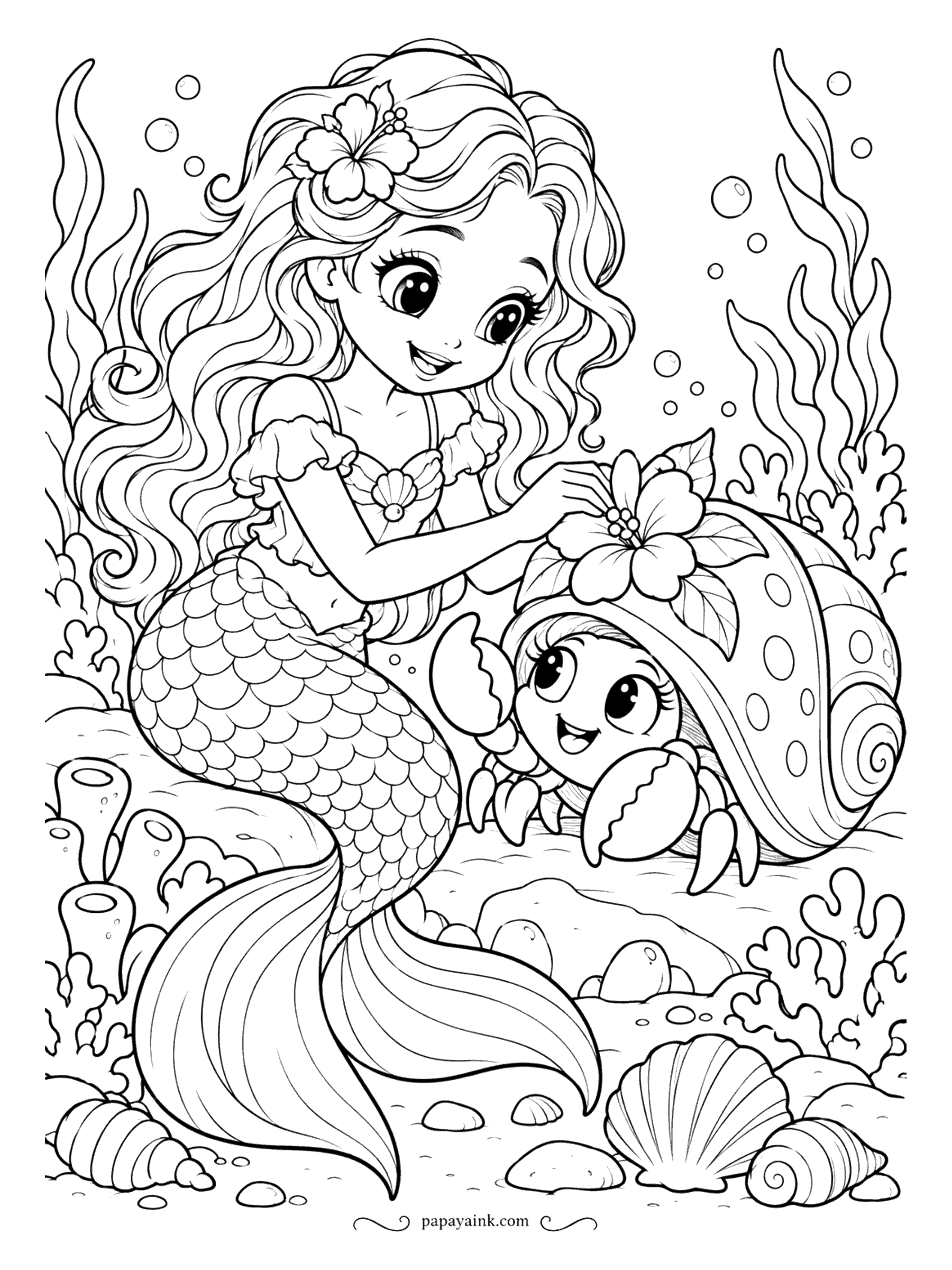 Cute Mermaid Coloring Pages - Every hermit crab deserves a well-dressed shell. This one gets a big hibiscus on top and lifts a claw in thanks. Open shapes and clean outlines.