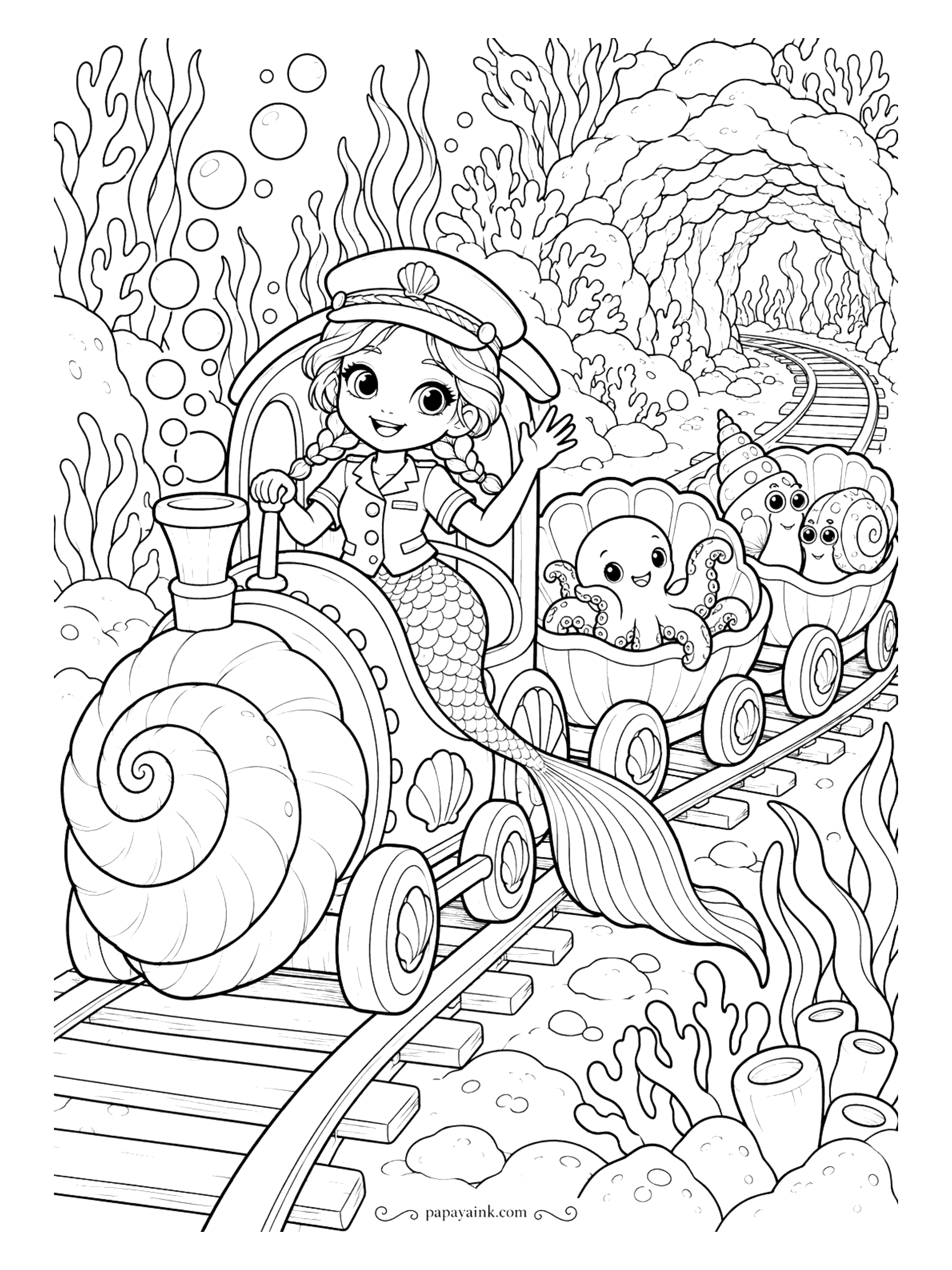 Cute Mermaid Coloring Pages - Next stop: the coral tunnel. The engine is a spiral shell, the cars are scallops, and the passengers - an octopus, a hermit crab and a snail - enjoy the ride while the driver waves from the cab.
