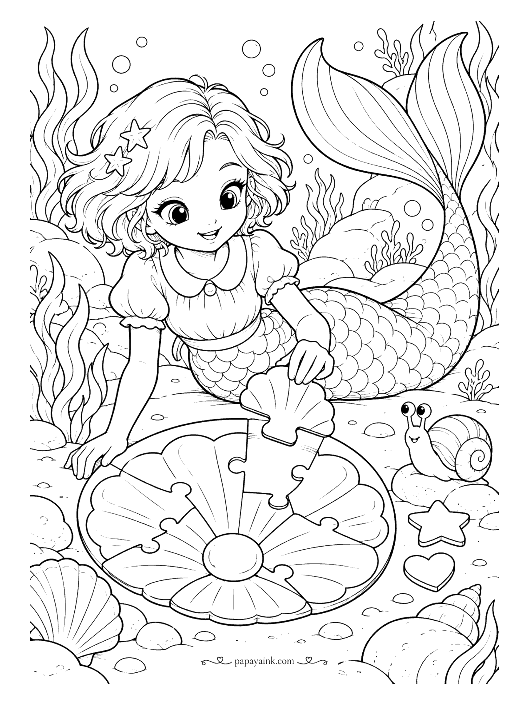 Cute Mermaid Coloring Pages - The last piece is always the best one. A scallop-shaped jigsaw lies on the sand with a pearl in its center, and a snail has come over to see it finished. Large shapes and thick lines - an easy one.