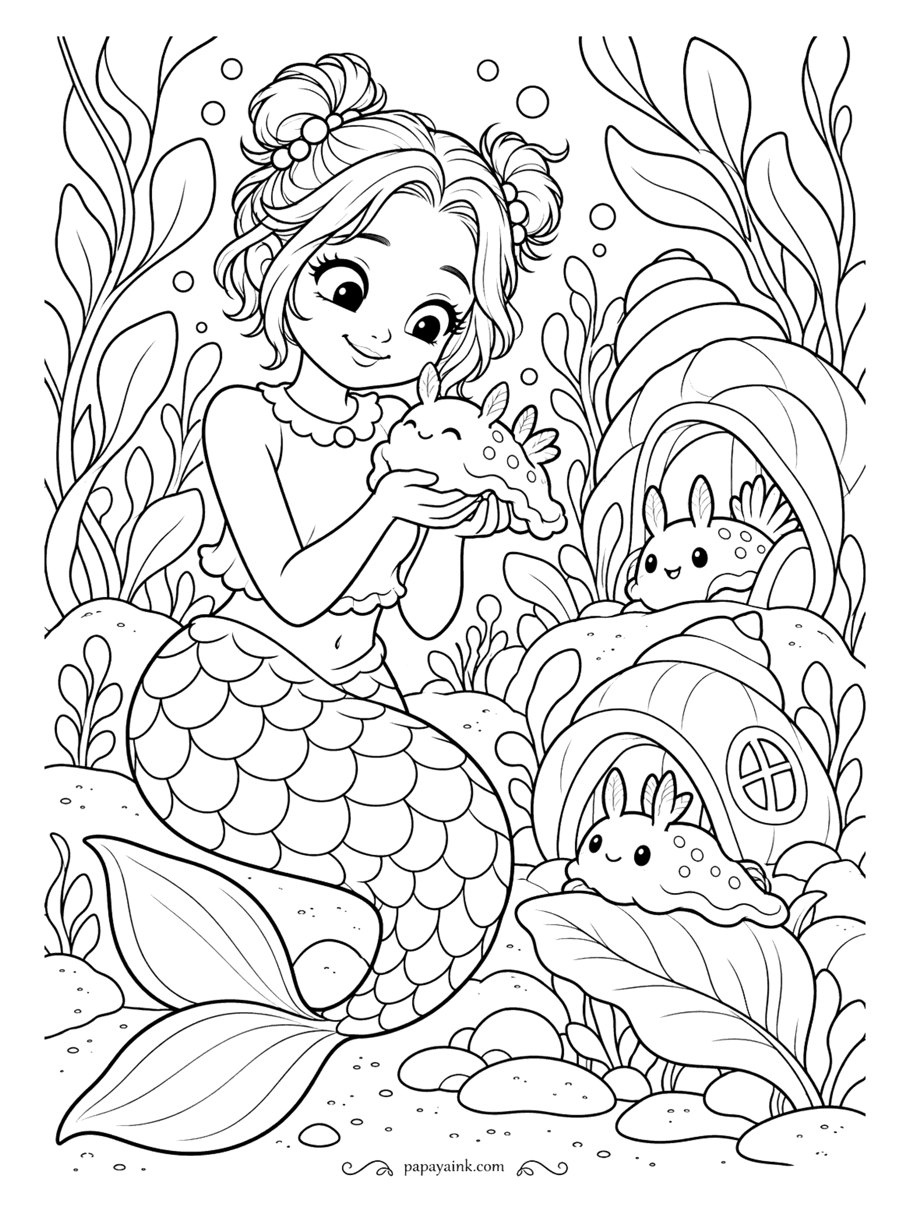 Cute Mermaid Coloring Pages - Sea bunnies live in shell houses, apparently, and come out when called. One is already in her hands, eyes shut in bliss, and two more watch from their doorsteps. Big scales and clean shapes - an easy, sweet page.