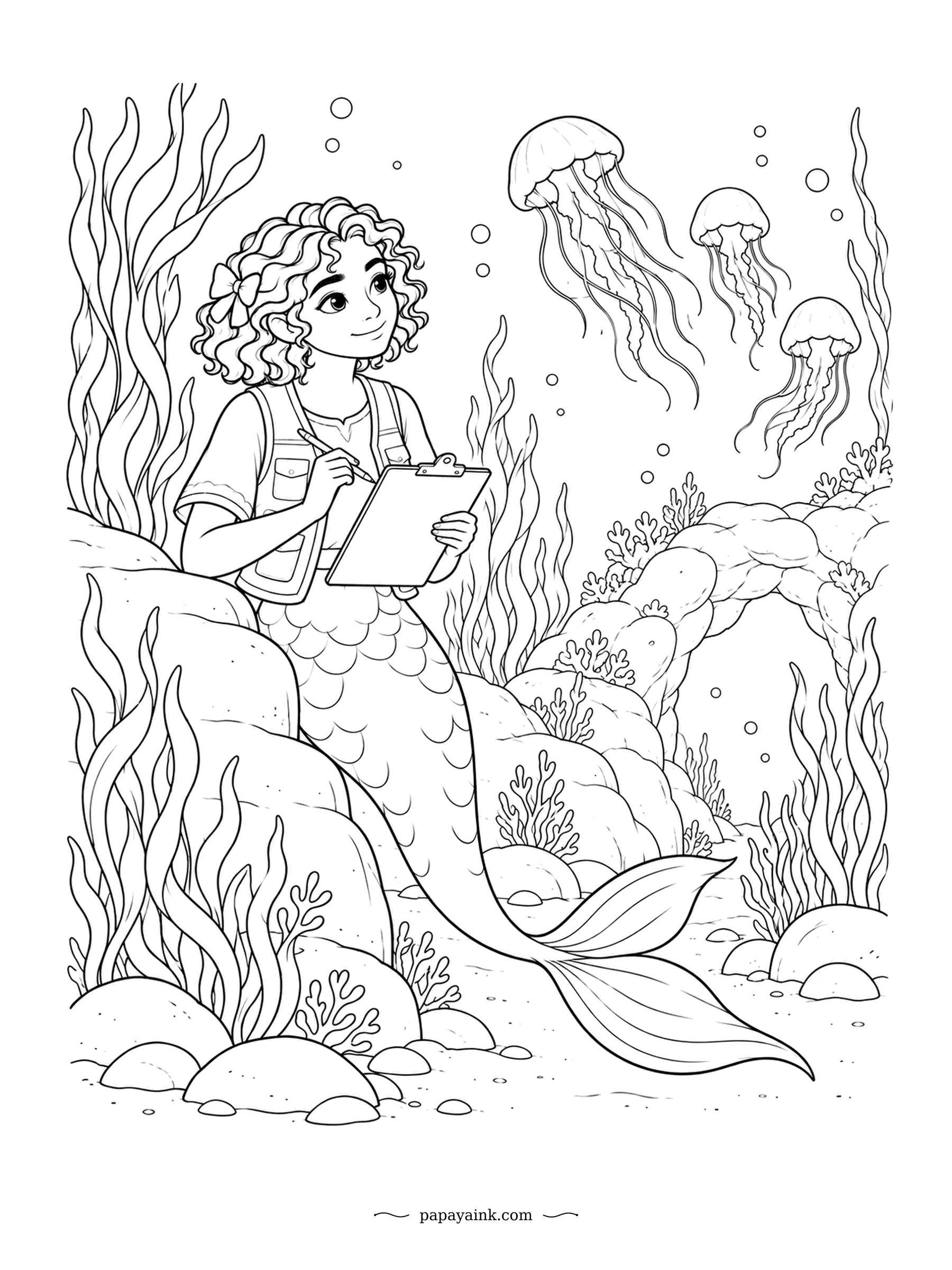 Cute Mermaid Coloring Pages - Field notes on a clipboard, three jellyfish passing overhead, and a vest with pockets for pencils. Jellyfish mostly go where the current takes them, so the notes are really about the current. Detailed - a full rocky reef on both sides.