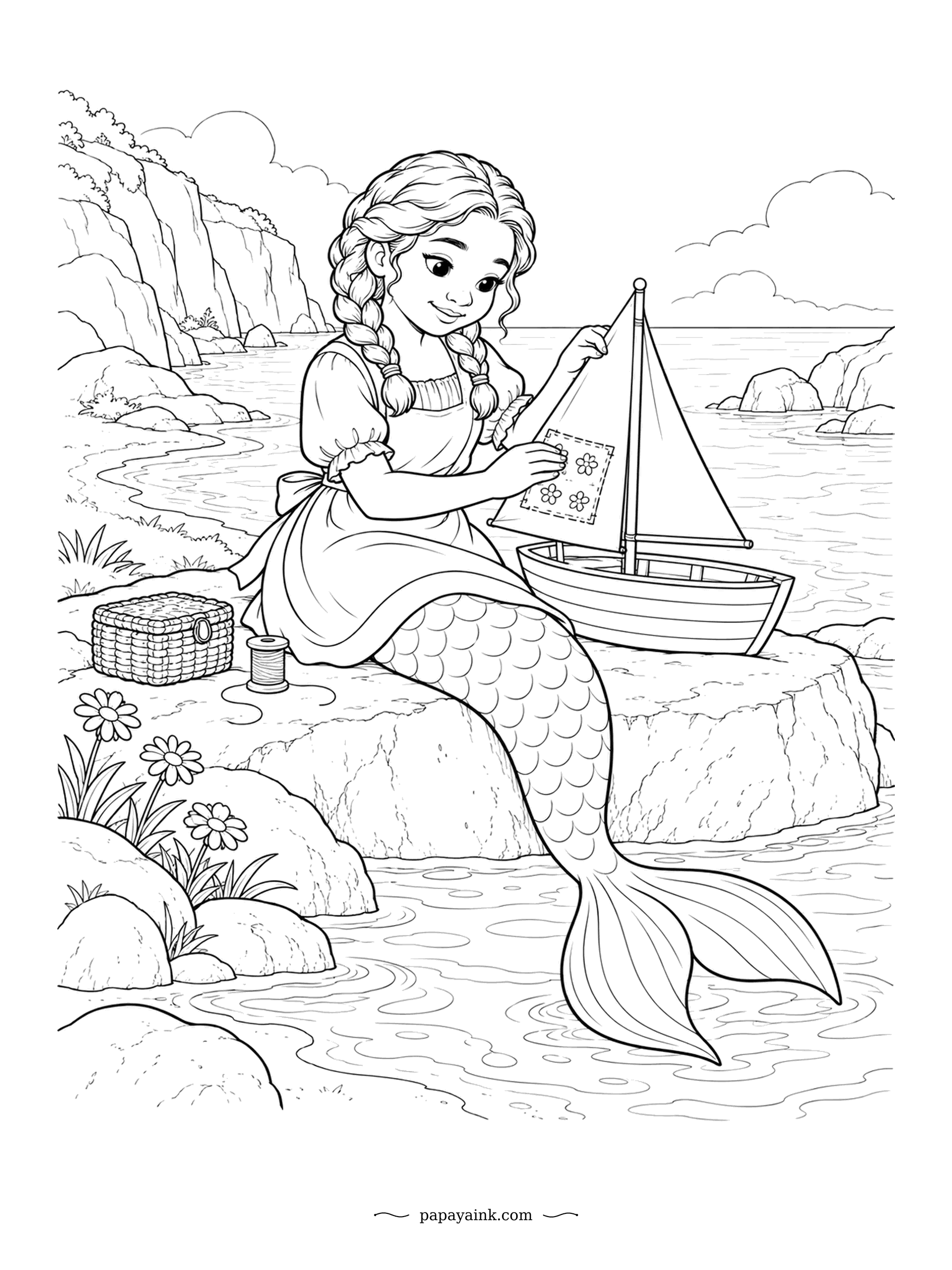 Cute Mermaid Coloring Pages - Flower patch sewn onto a toy boat's sail, with the sewing basket and a spool of thread beside her on the rock. The bay, the cliffs and the little boat itself all wait for color. Braids and an apron finish the look.