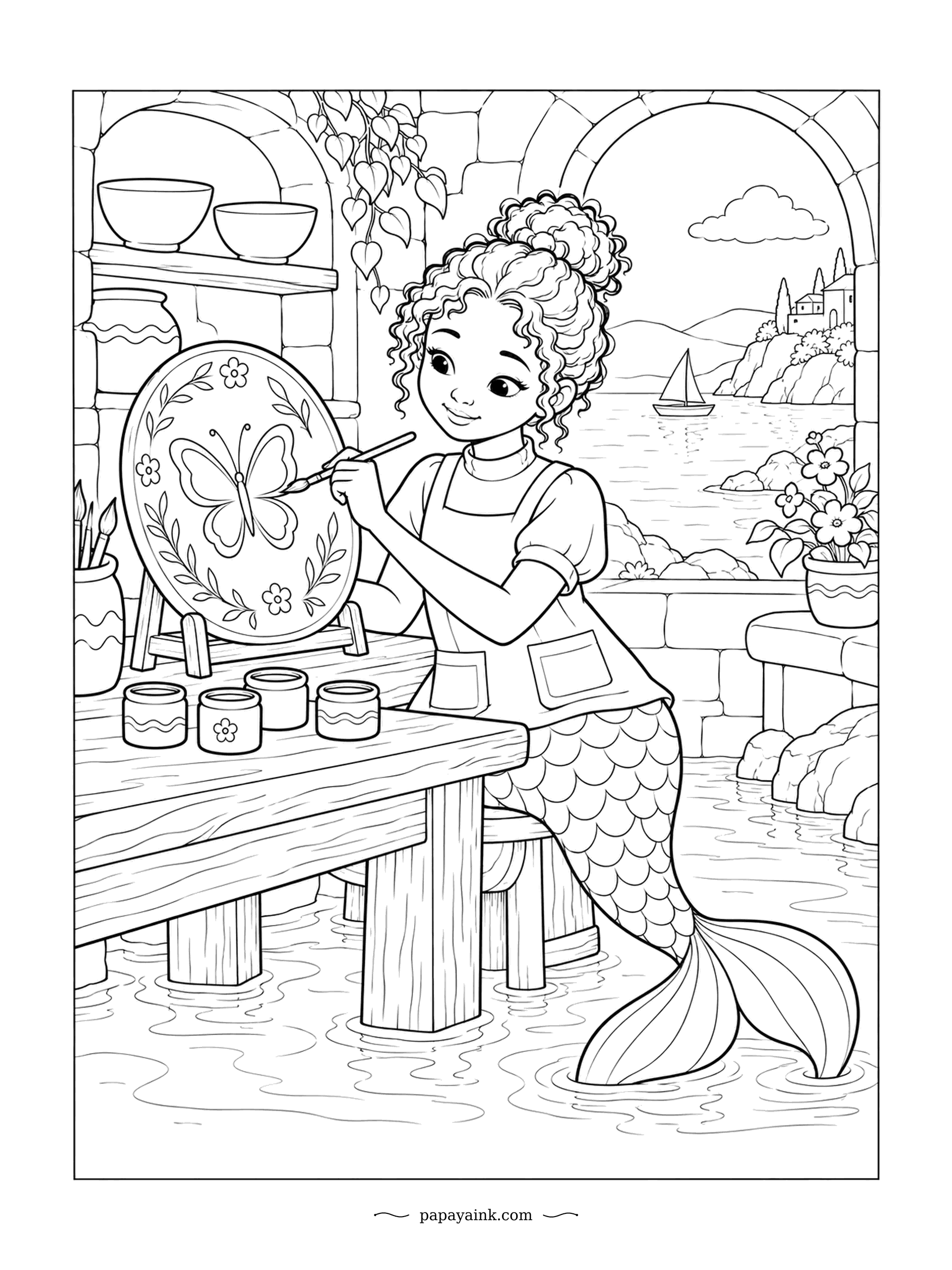 Cute Mermaid Coloring Pages - Butterfly in the middle of the plate, flowers around the rim, four paint pots on the bench and a sailboat drifting past the arched window. Detailed - a whole studio and a view, so plan your colors before you start.