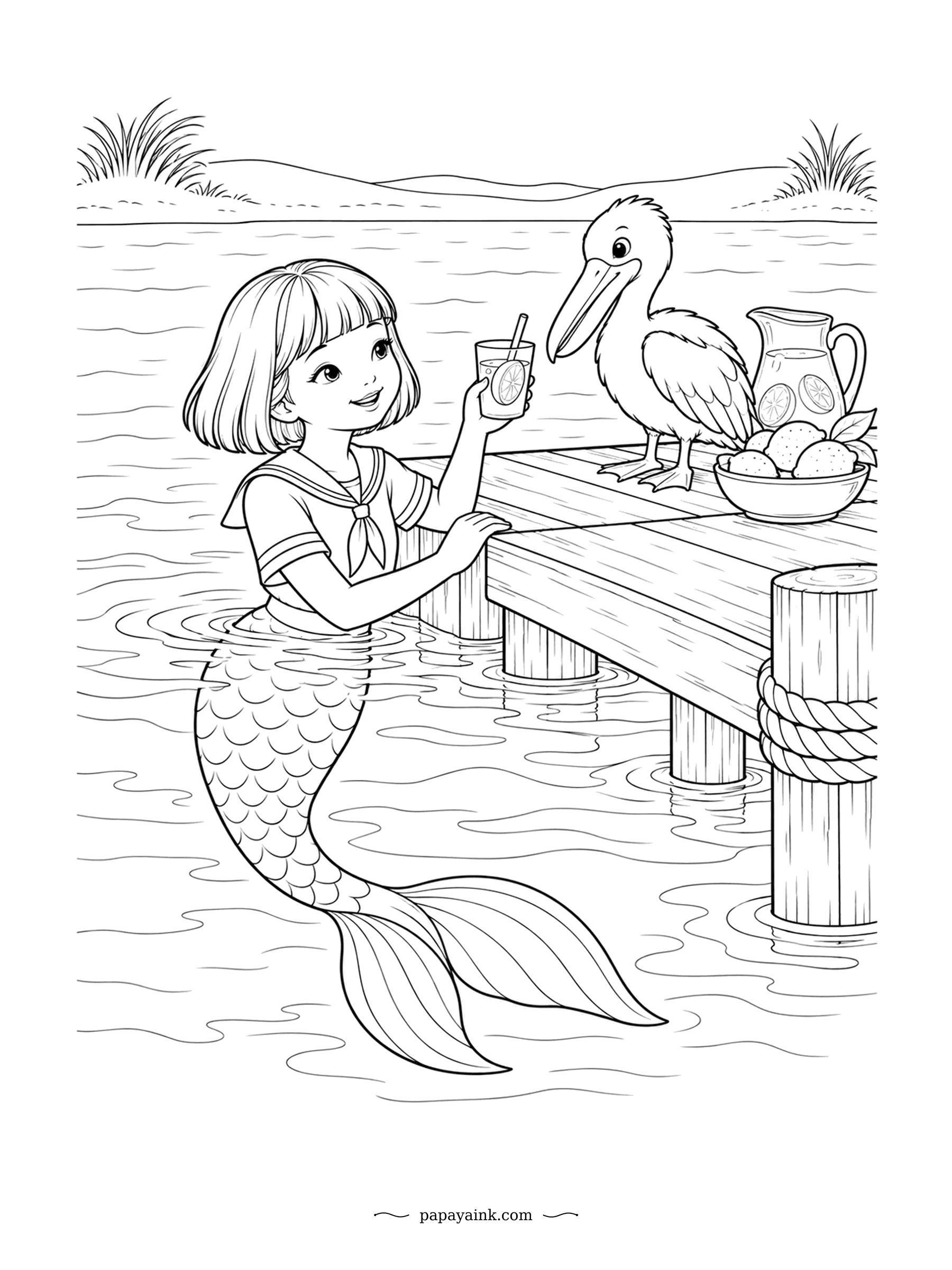 Cute Mermaid Coloring Pages - Lemonade on the dock, and the pelican has found the right place. Its pouch can hold more than its stomach, which is a problem at a lemonade stand. Sailor collar, lemon slices and a pitcher - a simple scene with plenty of water to shade.