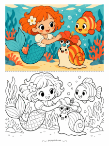 Cute Mermaid Coloring Pages - Hat fitting on the seabed: a red hibiscus is lowered onto a striped snail, who looks delighted with the result, while a fish in matching stripes supervises. Bold, simple shapes - an easy one to start with.