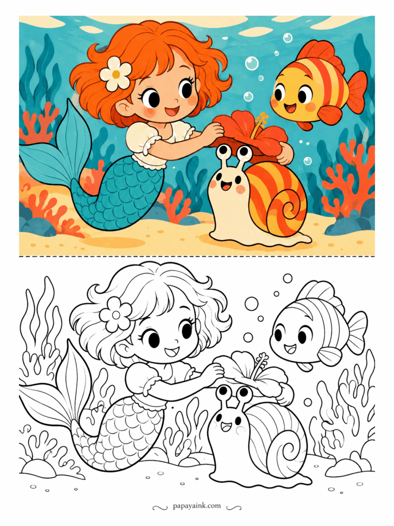 Cute Mermaid Coloring Pages - Hat fitting on the seabed: a red hibiscus is lowered onto a striped snail, who looks delighted with the result, while a fish in matching stripes supervises. Bold, simple shapes - an easy one to start with.