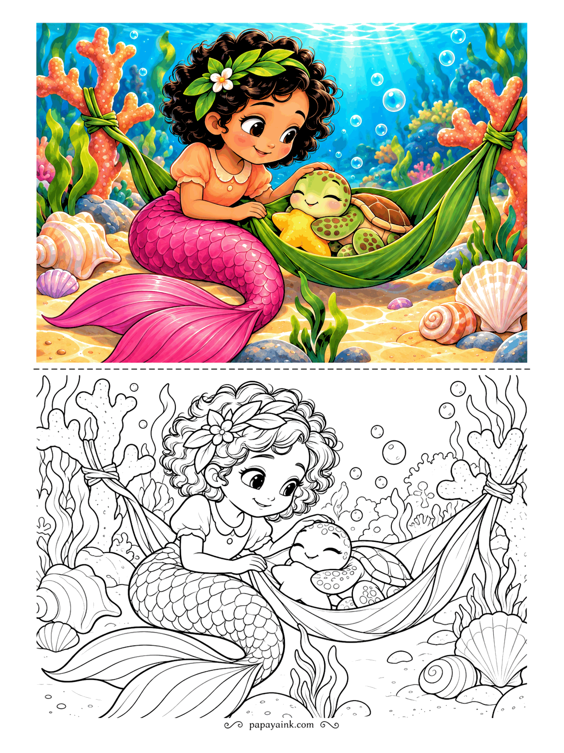 Cute Mermaid Coloring Pages - Tied between two corals, a wide kelp leaf makes a hammock, and the baby turtle in it is already asleep, hugging a starfish. One more gentle push keeps it rocking. Big shells and bold shapes.