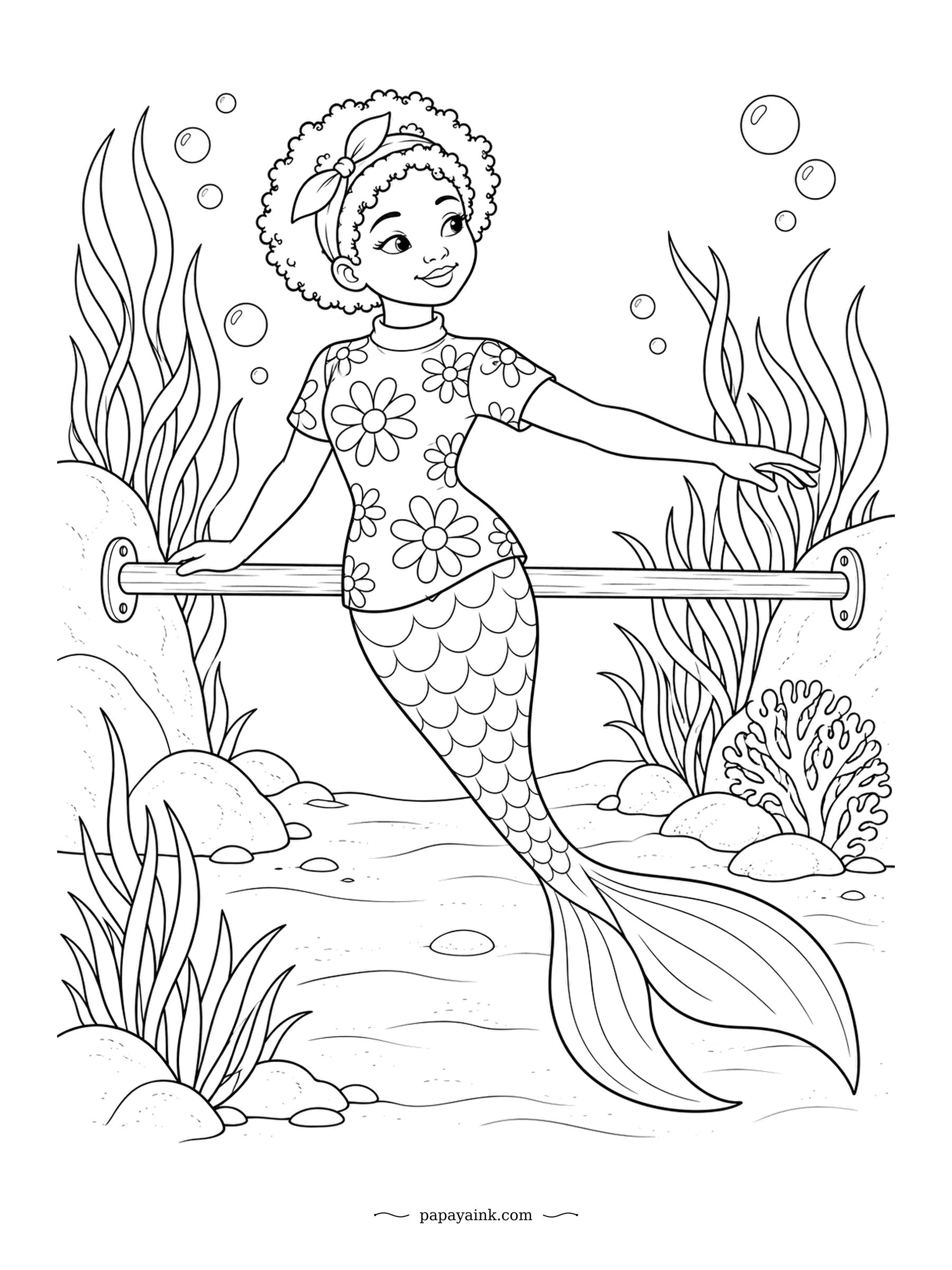 Cute Mermaid Coloring Pages - Ballet practice at a barre set among the seagrass, one arm out, tail extended. No feet means no pointe shoes, which she considers a win. The flowered top is the busiest part; the rest is long grass and clear water.