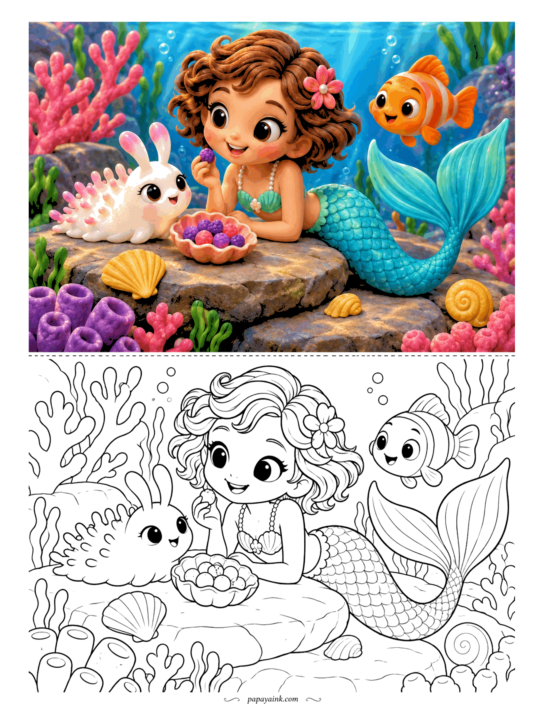Cute Mermaid Coloring Pages - Snack time with a sea bunny - the tiny white sea slug with rabbit ears. The mermaid stretches out on a warm rock and picks a berry from the shell bowl while a clownfish eyes the rest.