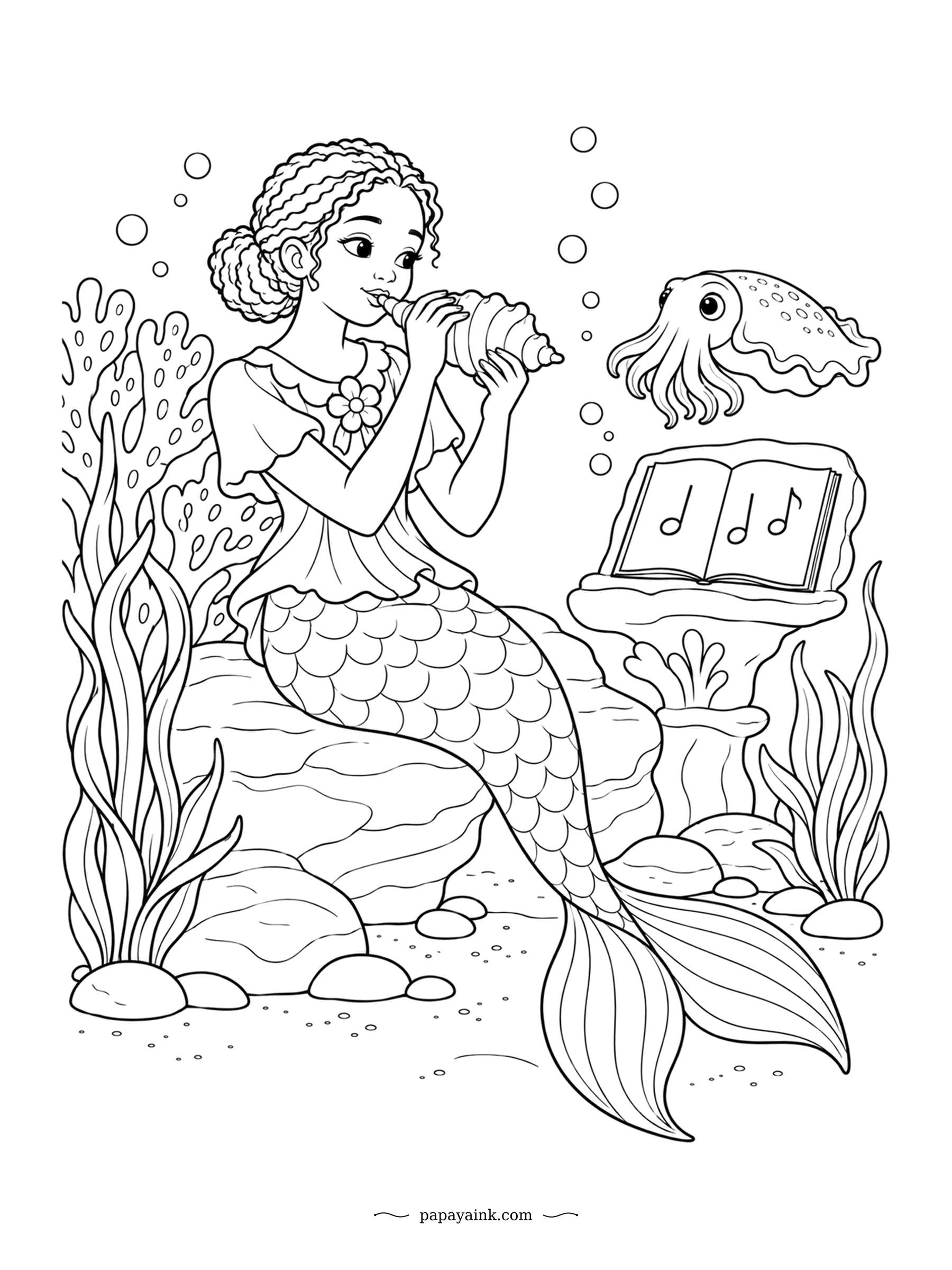 Cute Mermaid Coloring Pages - First note on the conch, music book open on the stand, and a cuttlefish hovering close to judge the tone. Conch shells really are played as trumpets across the world. Leave the shell pale and let the coral around her carry the color.