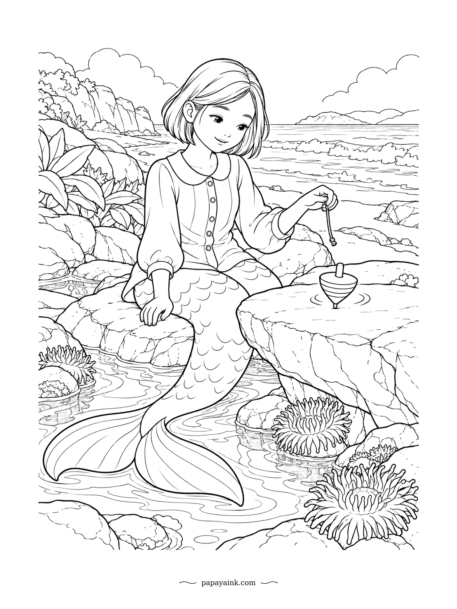 Cute Mermaid Coloring Pages - Spinning top on a flat rock, string just pulled, and a tidepool full of anemones below. When the tide goes out, anemones fold themselves shut and wait, which is more patience than a top ever shows. Sea, cliffs and sky fill the upper half.