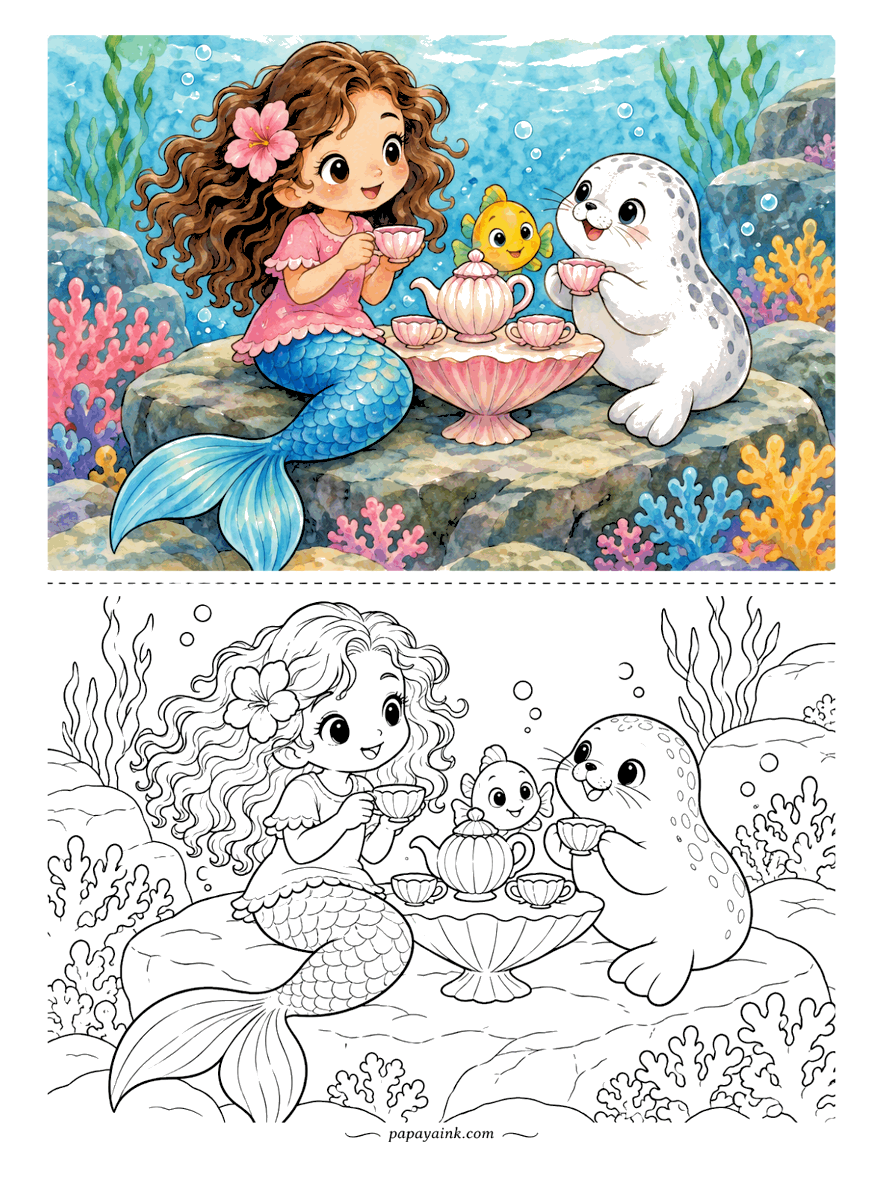 Cute Mermaid Coloring Pages - Tea is served on a scallop-shell table. The guest of honor is a spotted seal pup holding its cup in both flippers, and a small yellow fish has squeezed in behind the teapot.