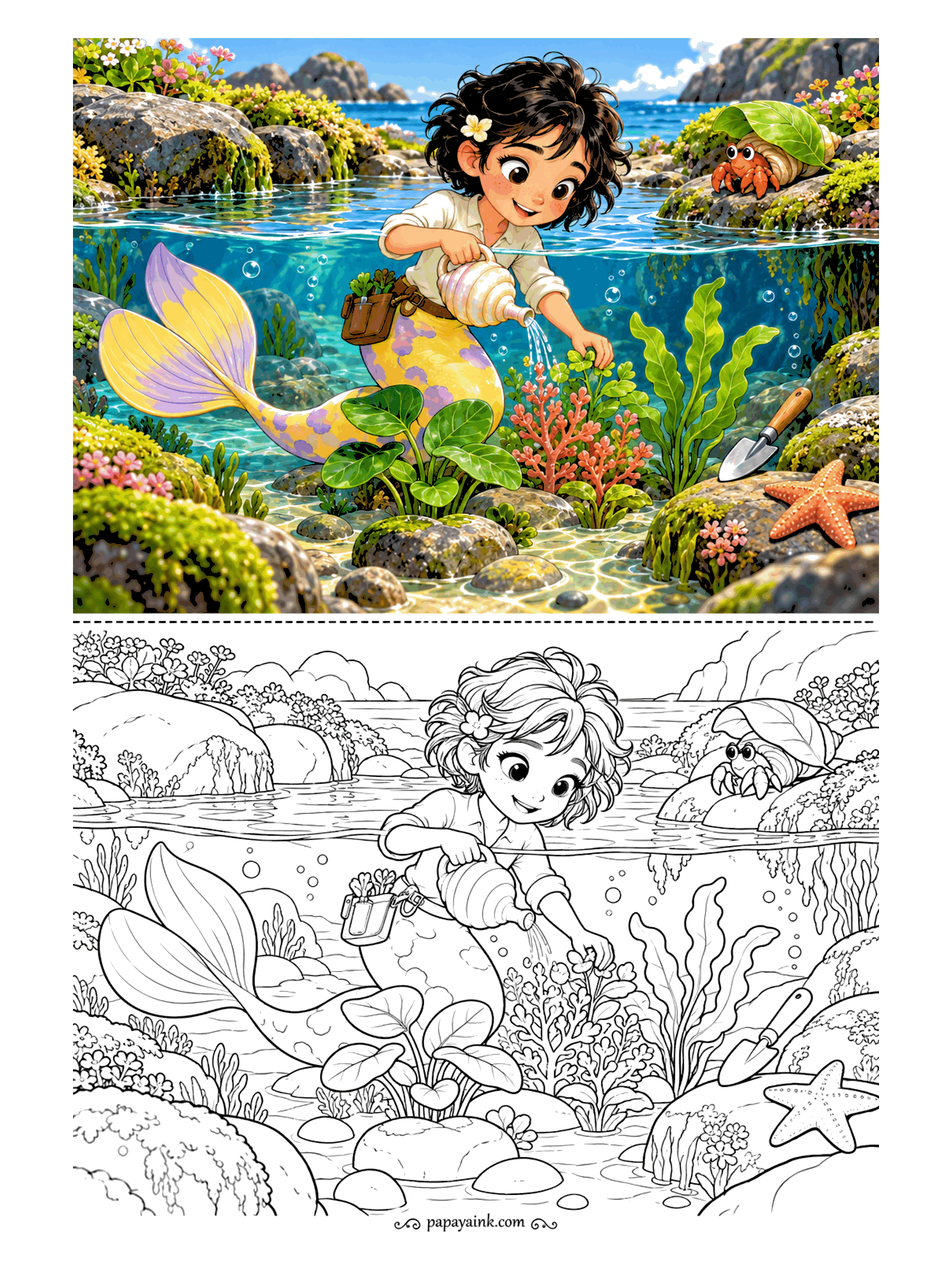 Cute Mermaid Coloring Pages - Low tide is gardening time. Sea plants get a drink from a spiral shell, a trowel waits on the rock, and a hermit crab with a leaf on its shell looks on. Detailed - mossy stones and flowers all around the pool.