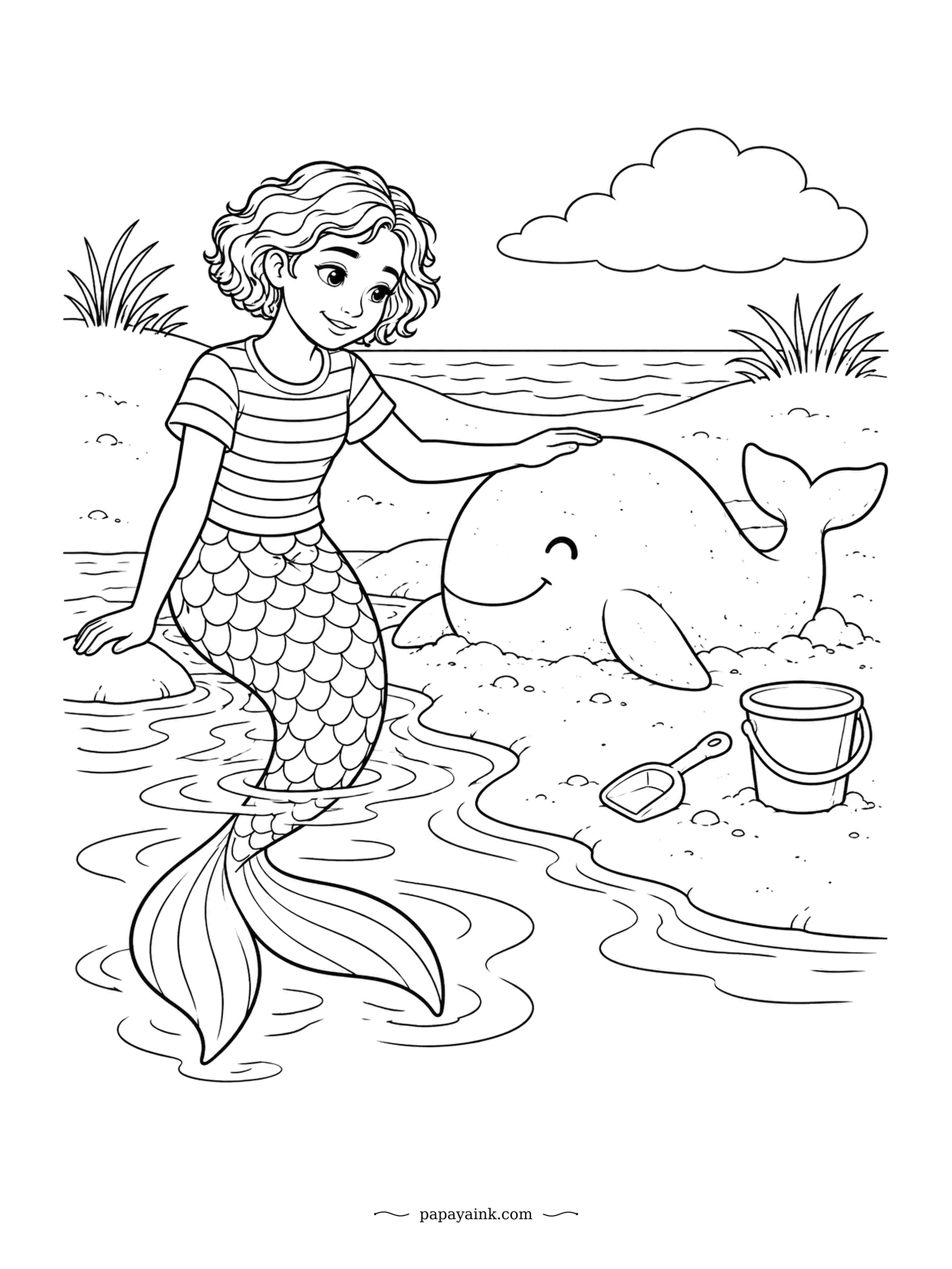 Cute Mermaid Coloring Pages - Whale built from wet sand, bucket and spade still beside it, and a quick pat on the head before the tide takes it back. Striped tee, big clouds and open beach - an easy sheet with room to add your own sky.