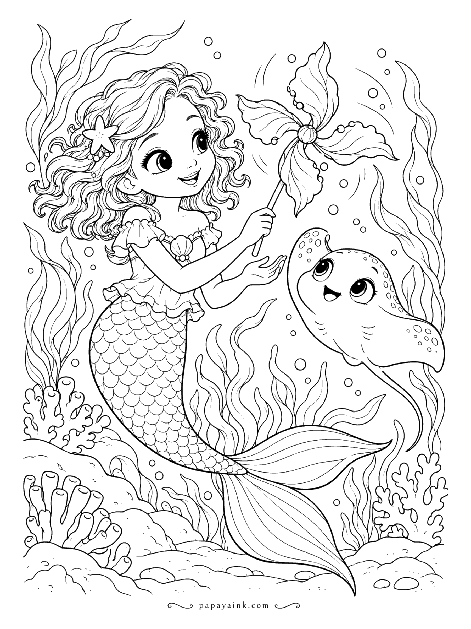 Cute Mermaid Coloring Pages - Pinwheels spin underwater too, if the current is right. Hers is folded from seaweed leaves, and a spotted stingray swoops in to watch it turn.