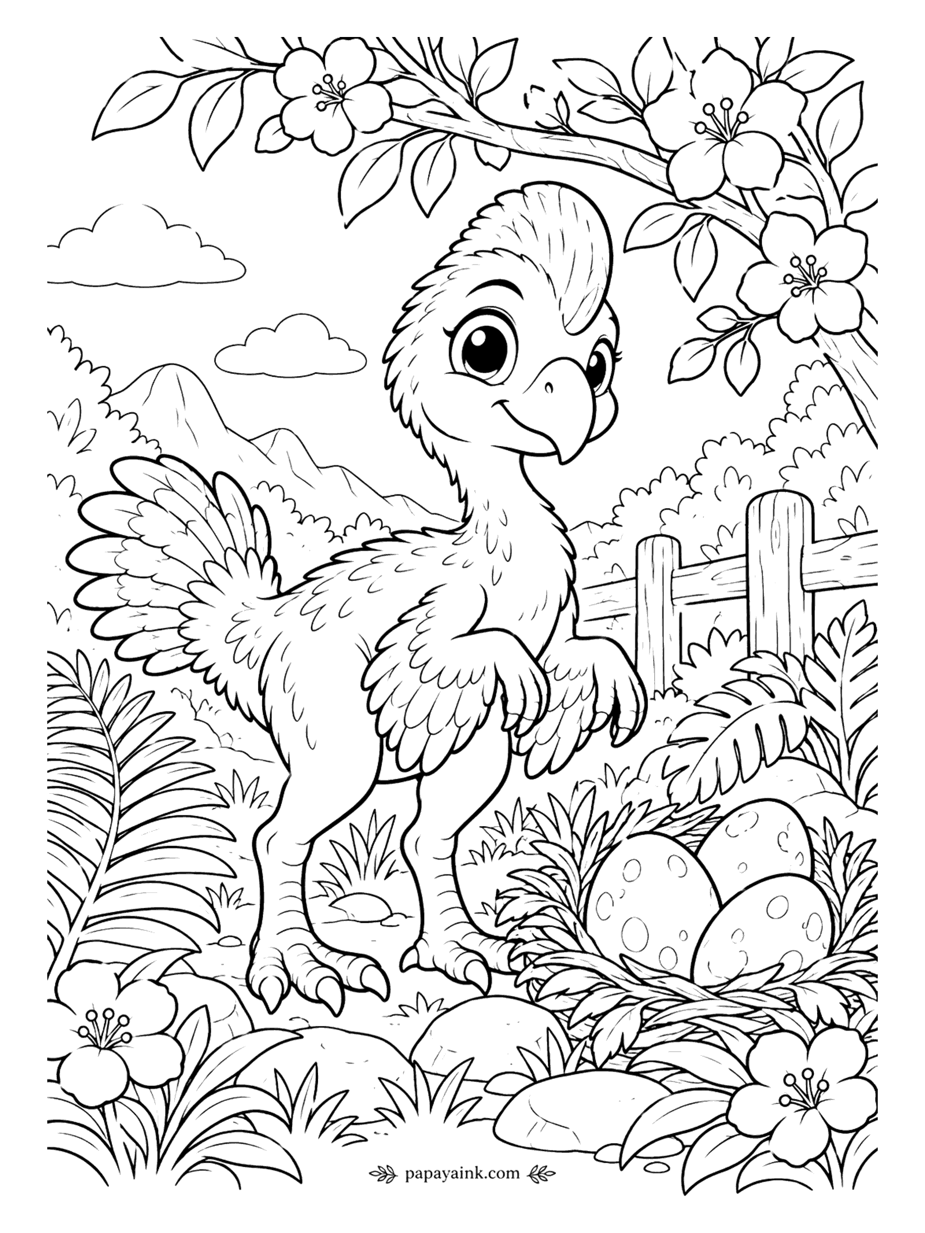 Cute Dinosaur Coloring Pages - Eggs first, everything else second: the oviraptor fluffs her feathers and stays close to the nest. Ferns hide the nest from everyone but you. Pattern each egg differently - stripes, spots or speckles.