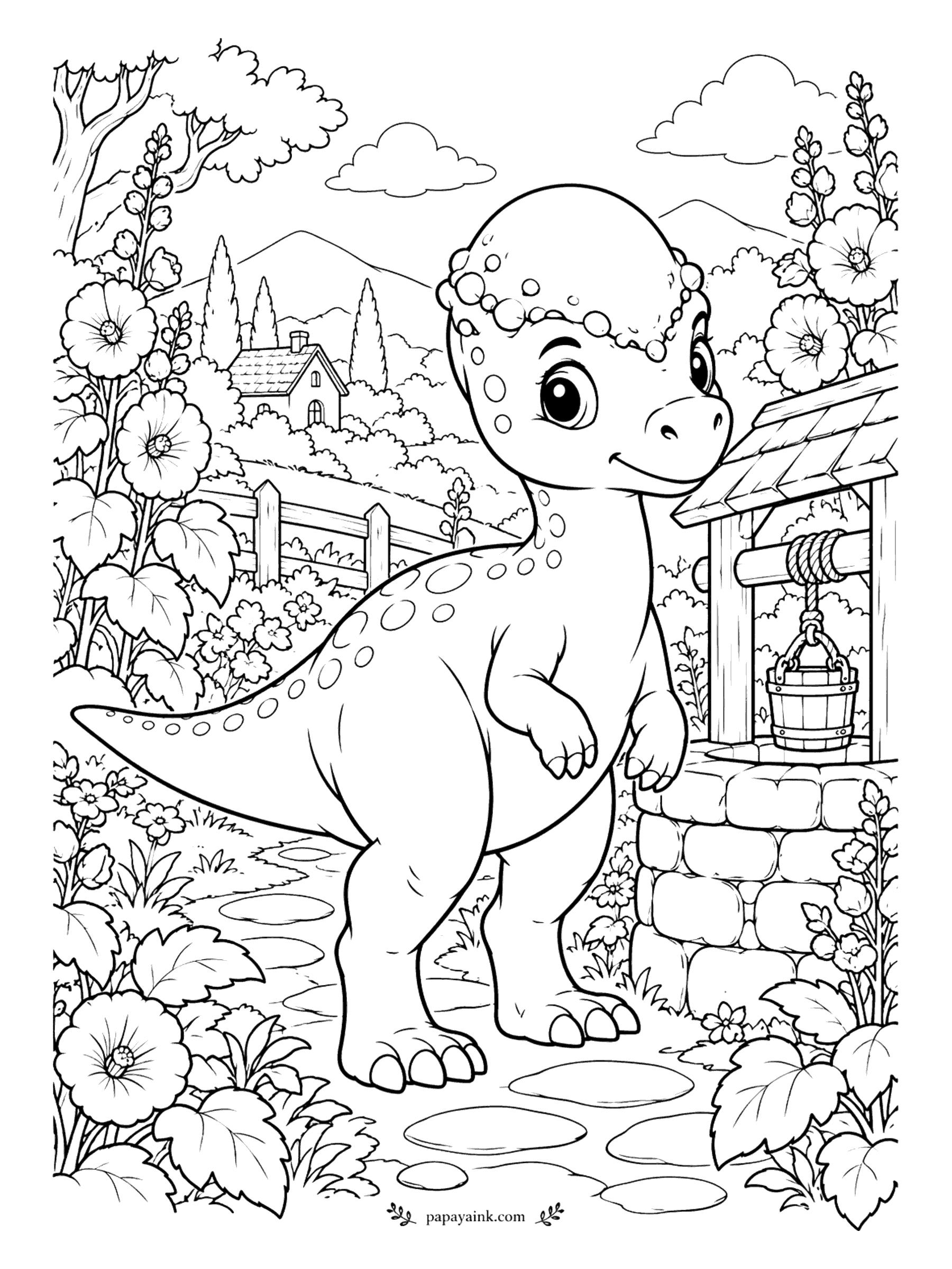 Cute Dinosaur Coloring Pages - Make a wish. The pachycephalosaurus, dome-headed and very curious, peers over the rim of an old stone well with a wooden bucket. Hollyhocks and a farmhouse fill the background. The knobs around the dome are satisfying to dot in.