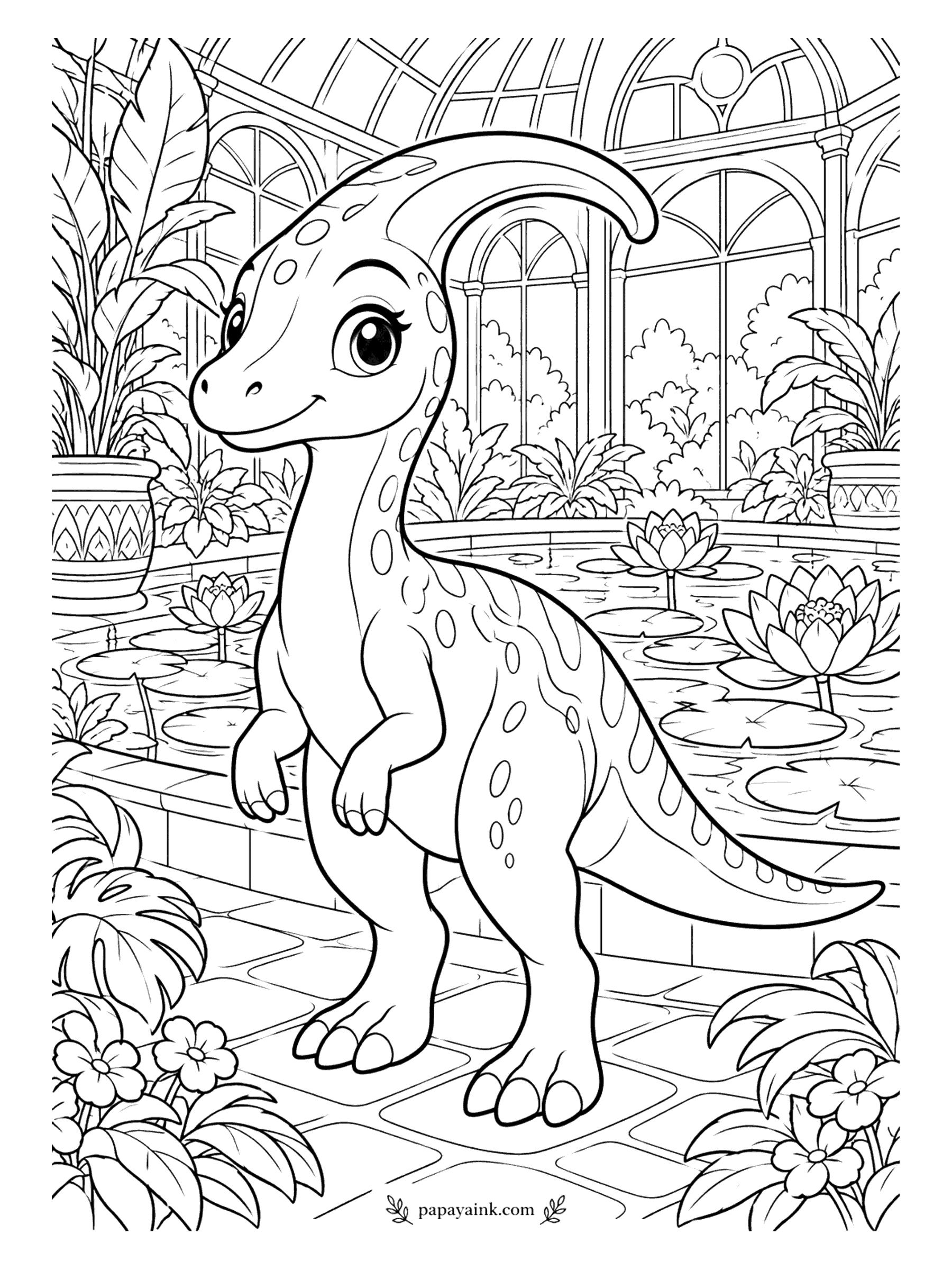 Cute Dinosaur Coloring Pages - Inside the glasshouse it is always summer. The parasaurolophus stands on her hind legs by the lily pool, framed by arched windows and potted palms. Leave the panes pale and let the water lilies carry the color.