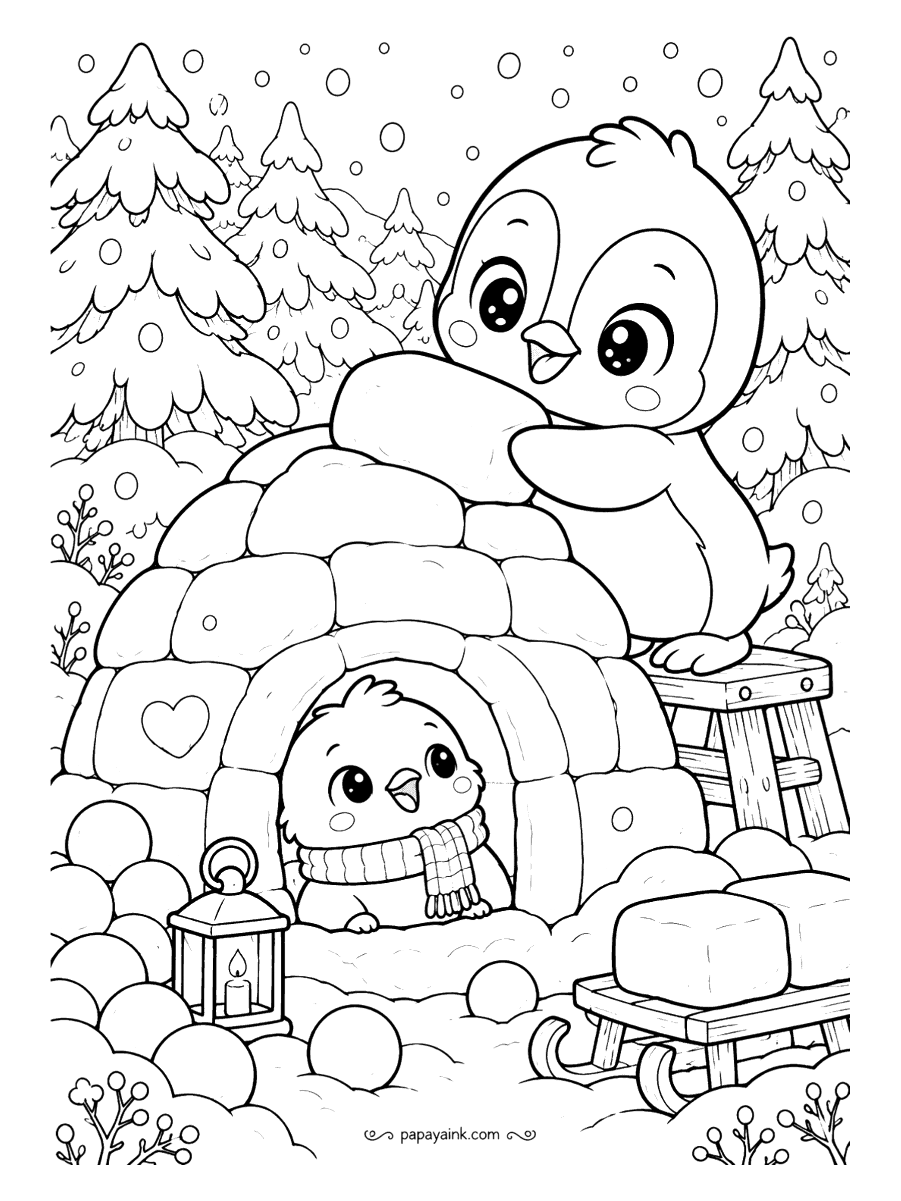 Cute Kawaii Coloring Pages - Snow blocks stack higher as a plump penguin finishes the igloo roof and a scarf-wrapped buddy peers from the doorway beside a candle lamp and sled.