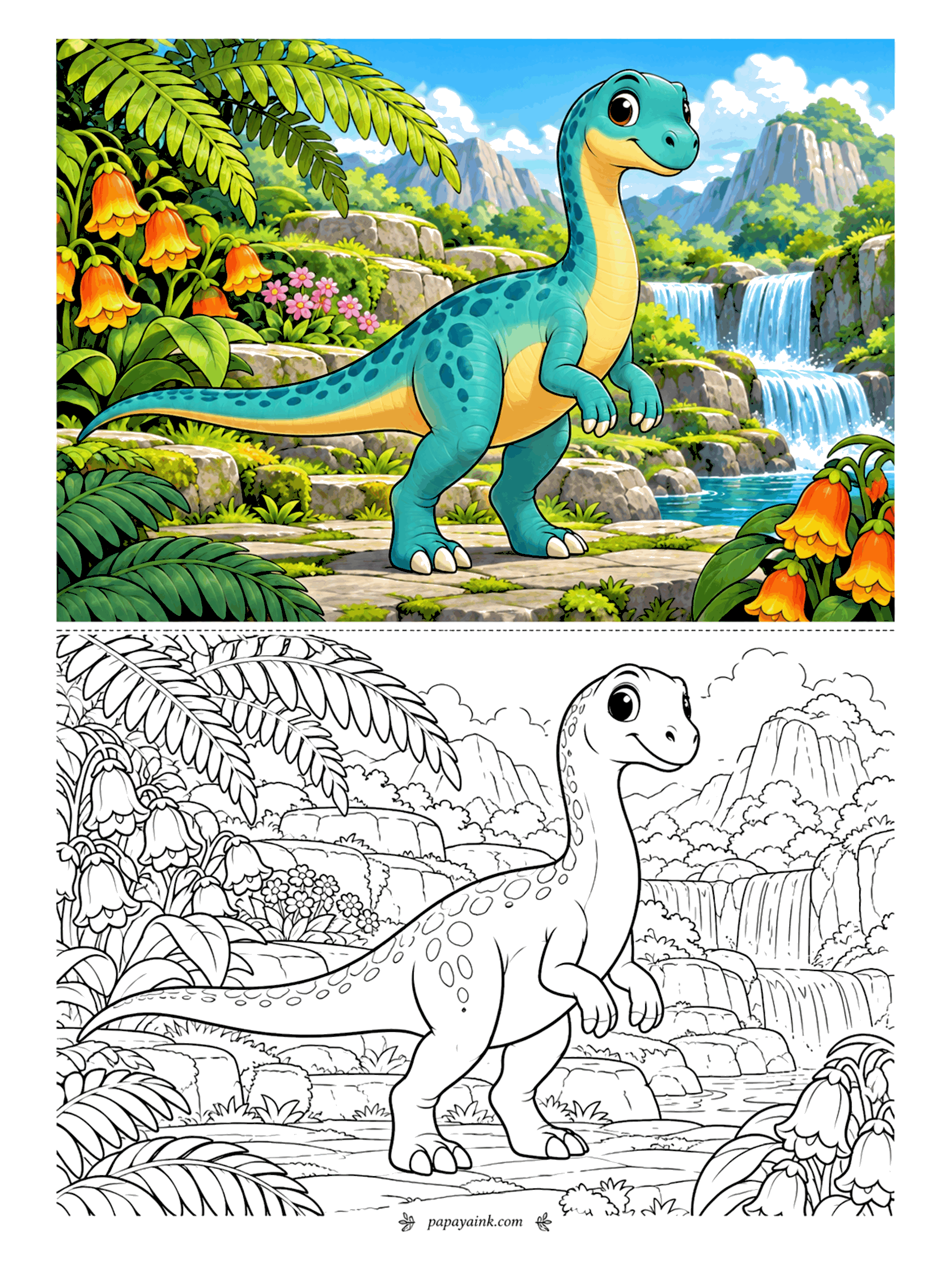 Cute Dinosaur Coloring Pages - Stepping down the mossy stairs past the waterfall, the plateosaurus looks for the next foothold. Orange bell flowers nod from both sides and ferns arch overhead. Simple shapes on the dino, busy foliage around - shade the moss last.