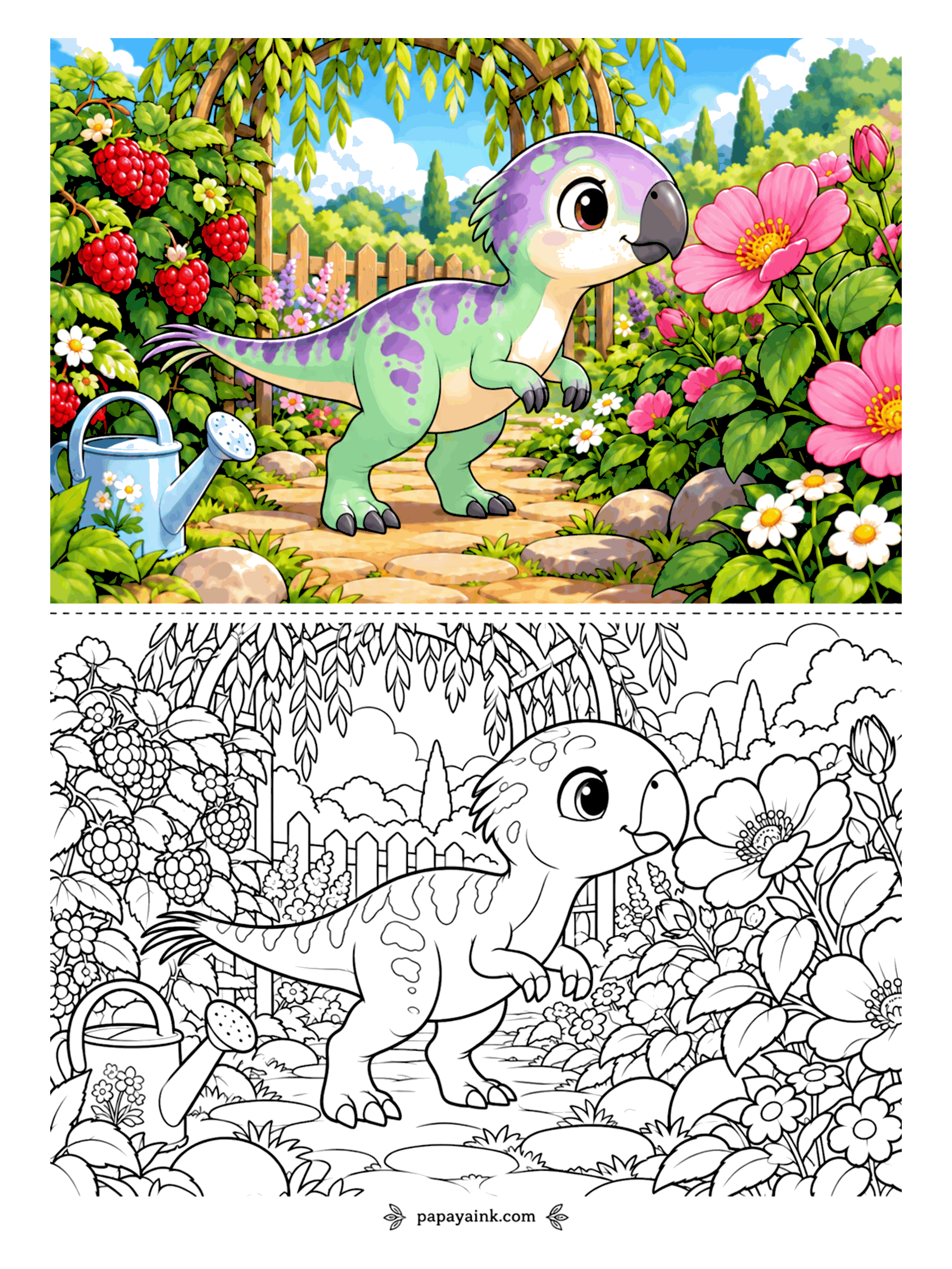 Cute Dinosaur Coloring Pages - Raspberries ripe, watering can full, and a psittacosaurus doing the rounds of the garden. The white picket fence and pink blooms make it feel like a summer backyard. Detailed - small berries, leaves and fence slats.
