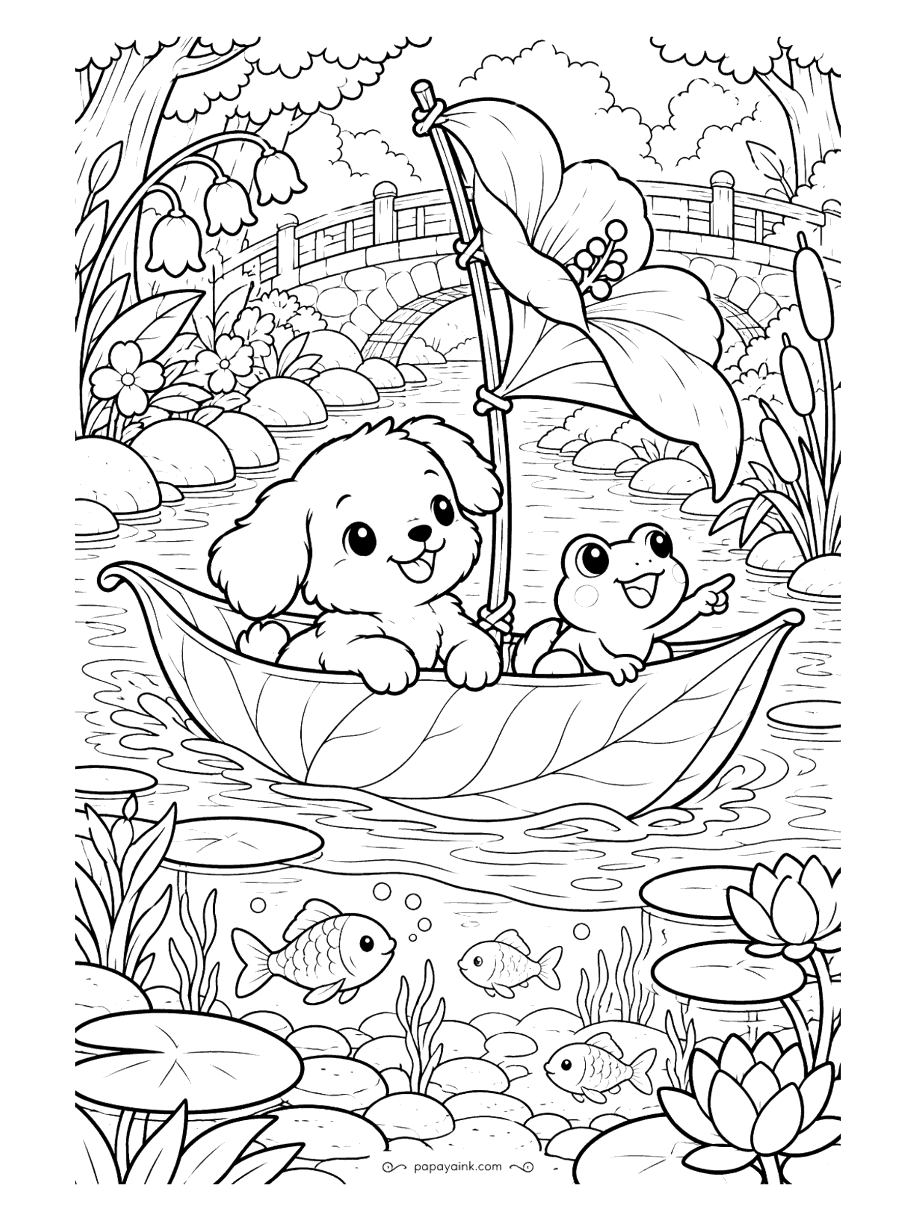Cute Kawaii Coloring Pages - Sailing downstream on a folded leaf, a fuzzy puppy and a cheerful frog glide past water lilies, darting fish and an old stone bridge.