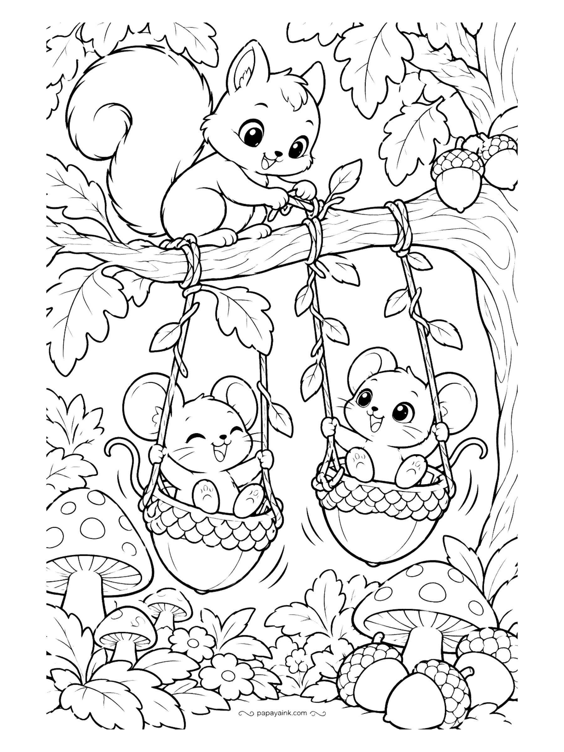 Cute Kawaii Coloring Pages - Acorn-cap swings hang from an oak limb where two giggling mice sway and a squirrel minds the vines above a mushroom glade.