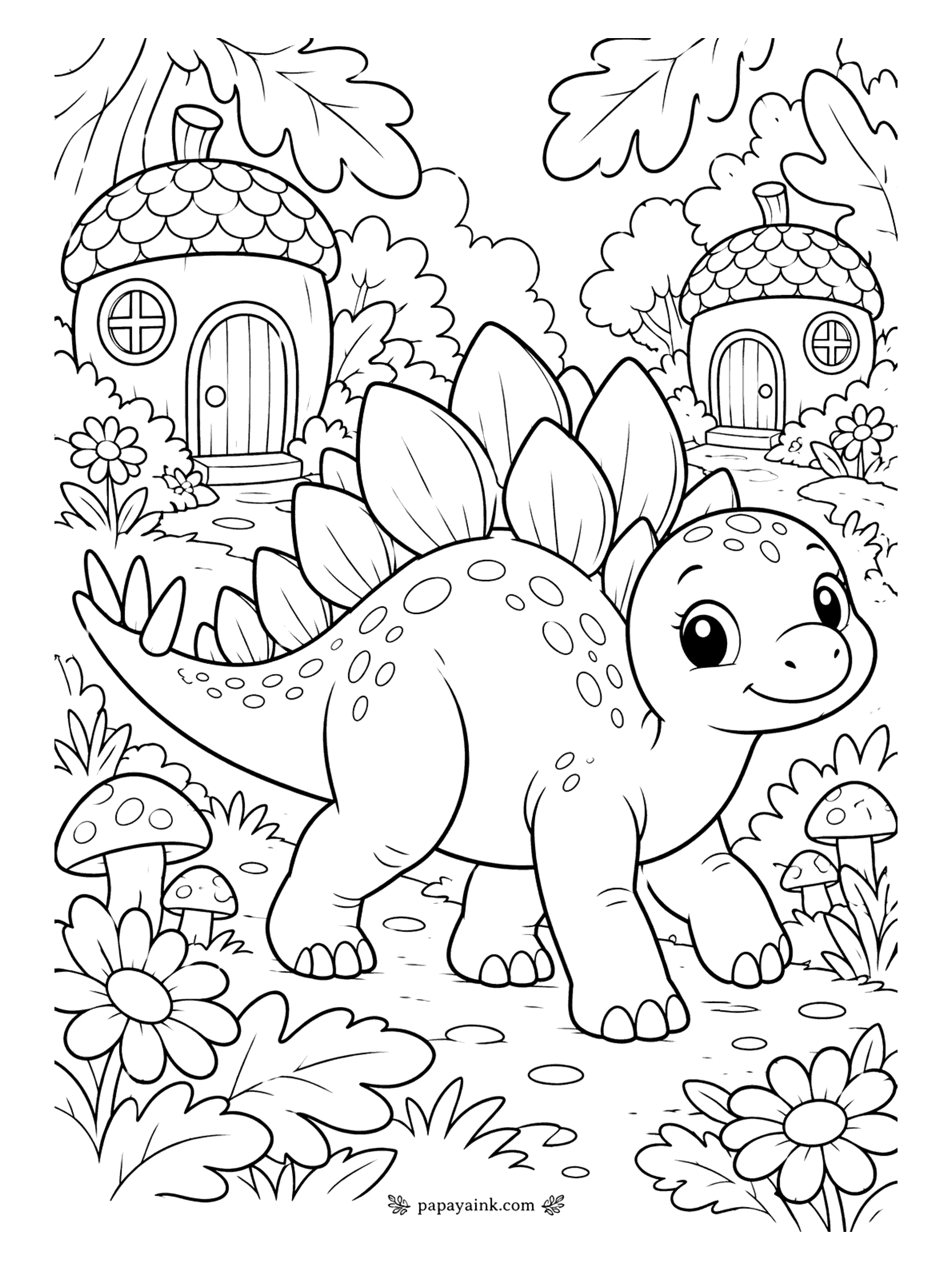 Cute Dinosaur Coloring Pages - Somebody lives in those acorn houses, and the stegosaurus would very much like to meet them. Toadstools and daisies line the way to each round door. Shade the acorn-cap roofs scale by scale.