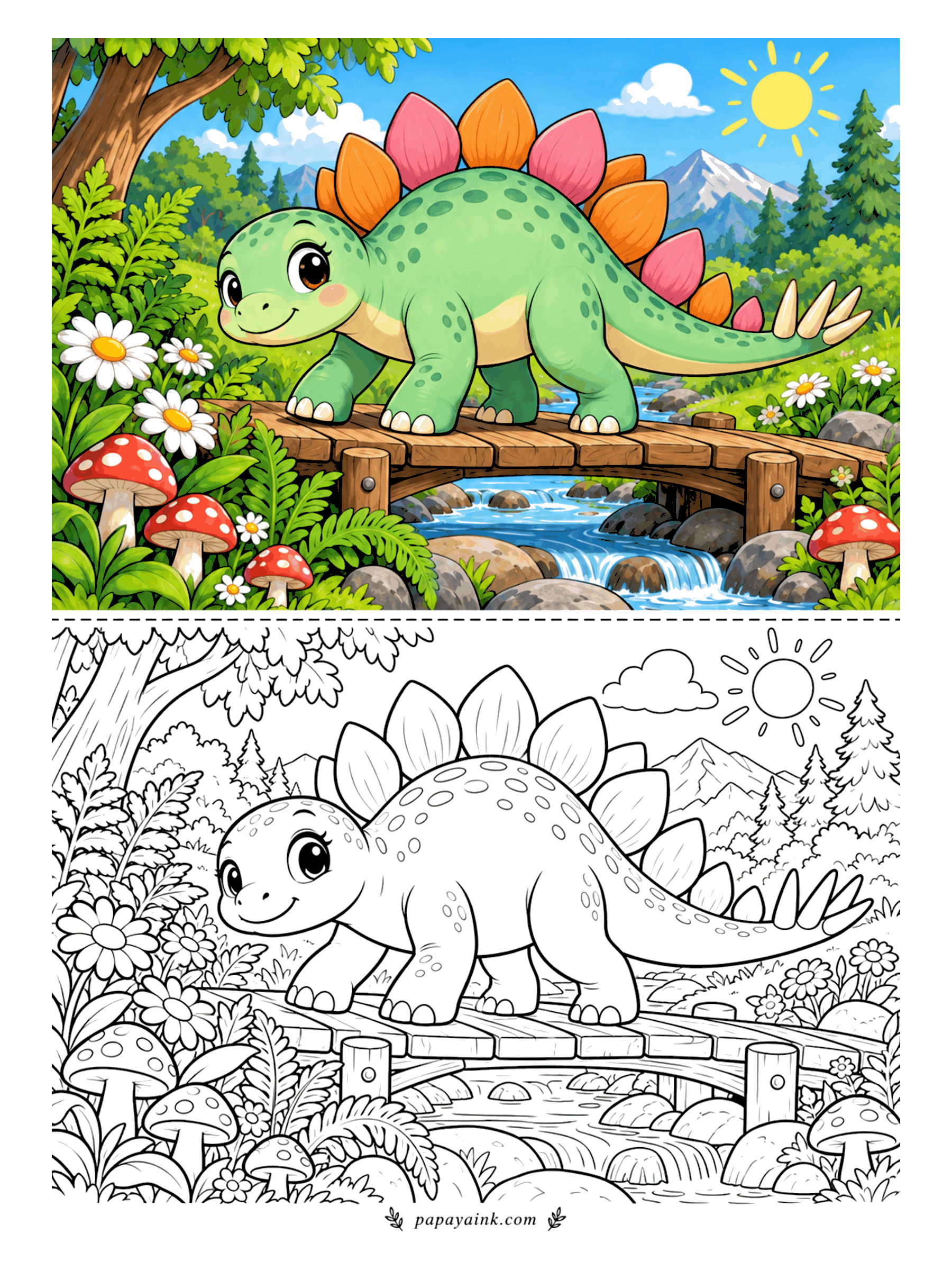 Cute Dinosaur Coloring Pages - Halfway across the plank bridge, the stegosaurus checks the stream below for fish. Toadstools crowd both banks and the sun sits high over the pines. Her back plates are the showpiece: alternate warm and cool colors along the row.