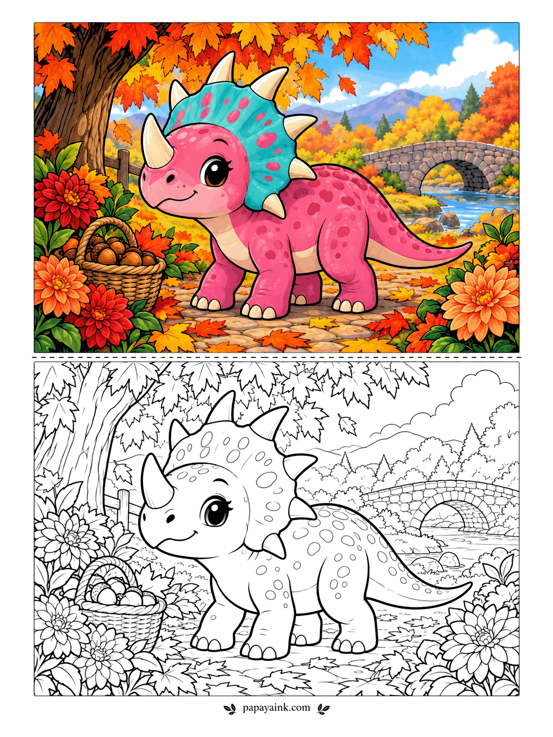 Cute Dinosaur Coloring Pages - Autumn has arrived in the styracosaurus's valley, and she is walking the maple path through a drift of fallen leaves. A basket of acorns waits beside the dahlias. Fill the canopy with orange, rust and gold.