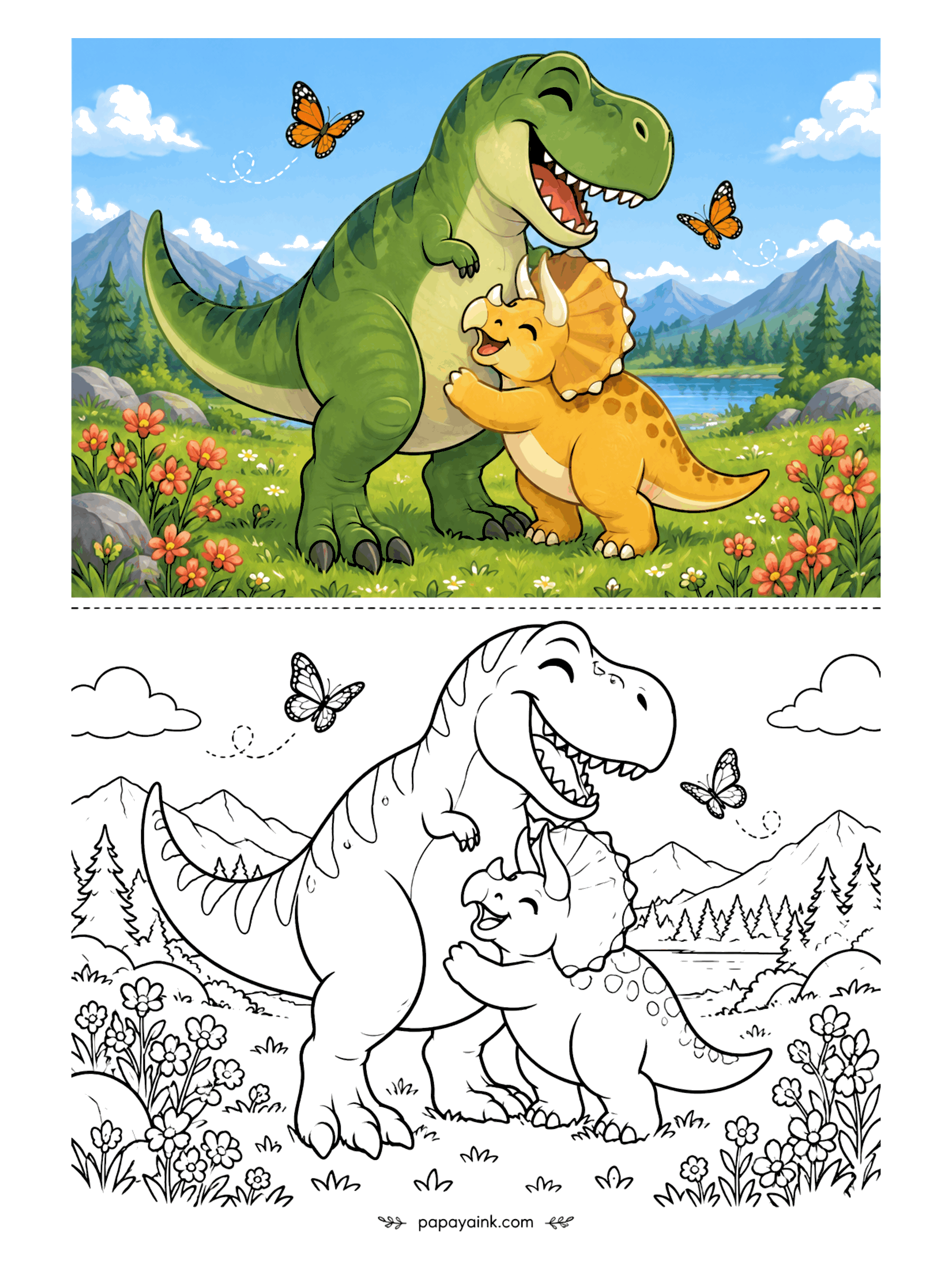 Cute Dinosaur Coloring Pages - A laughing T-Rex gets a big hug from a little triceratops in a mountain meadow with butterflies. Large, simple shapes make this cute dinosaur coloring page an easy start.